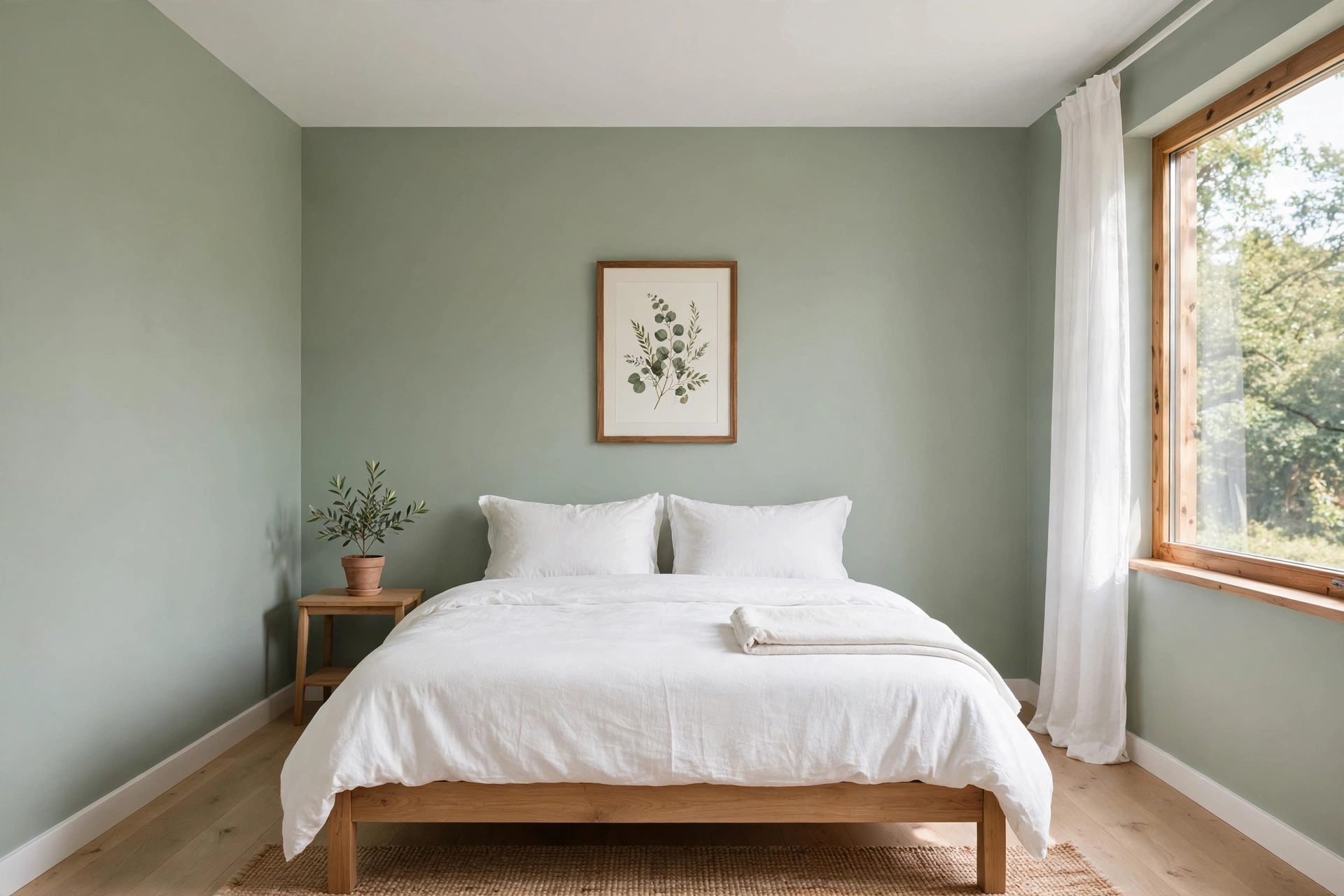 Sage green bedroom ideas with soft sage painted walls and white ceiling