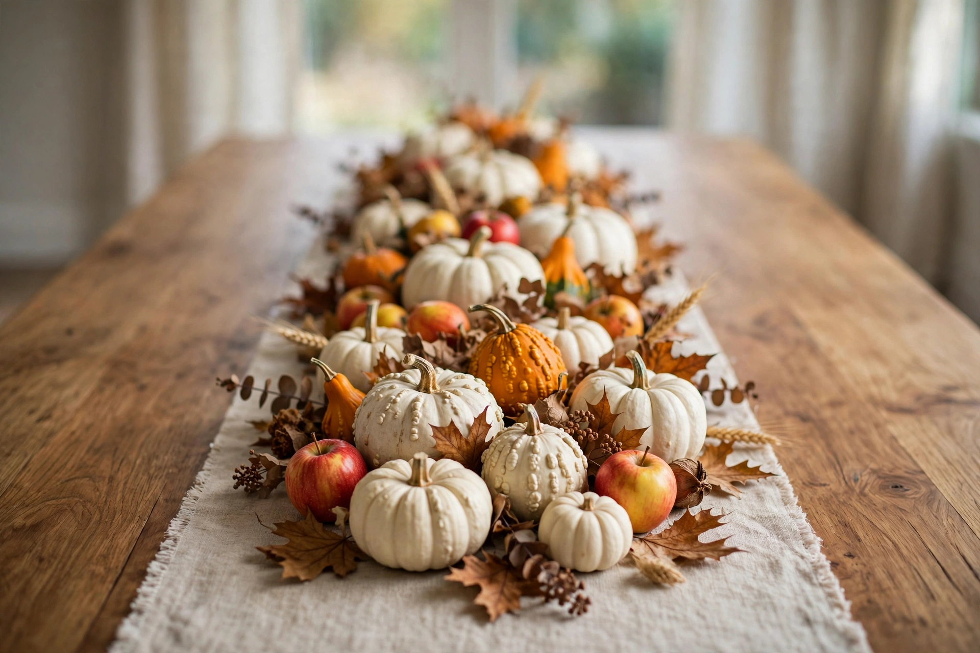 Cozy thanksgiving table decor ideas with a low harvest runner of pumpkins and gourds