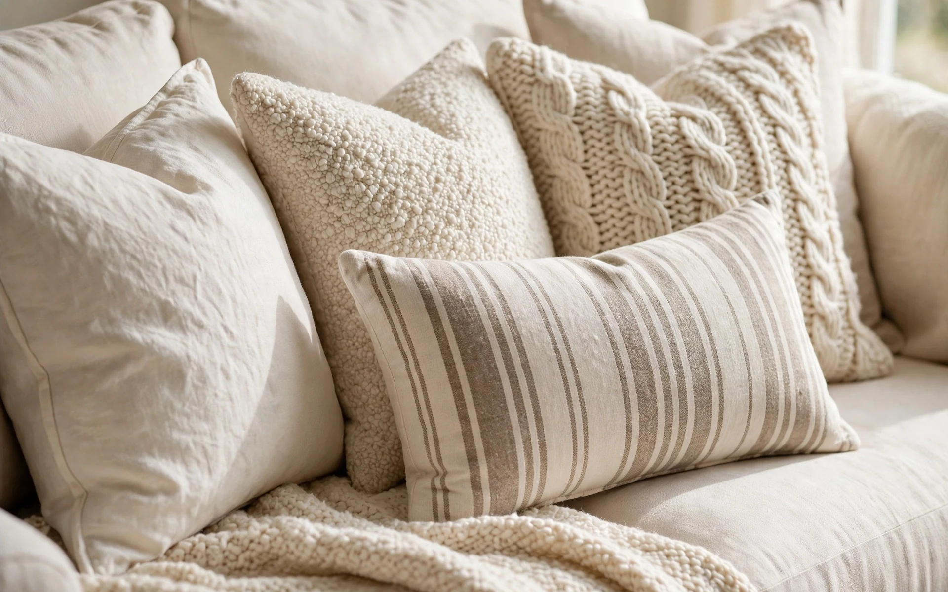 Close view of cream sofa styling ideas with layered linen boucle and knit pillows in warm neutrals