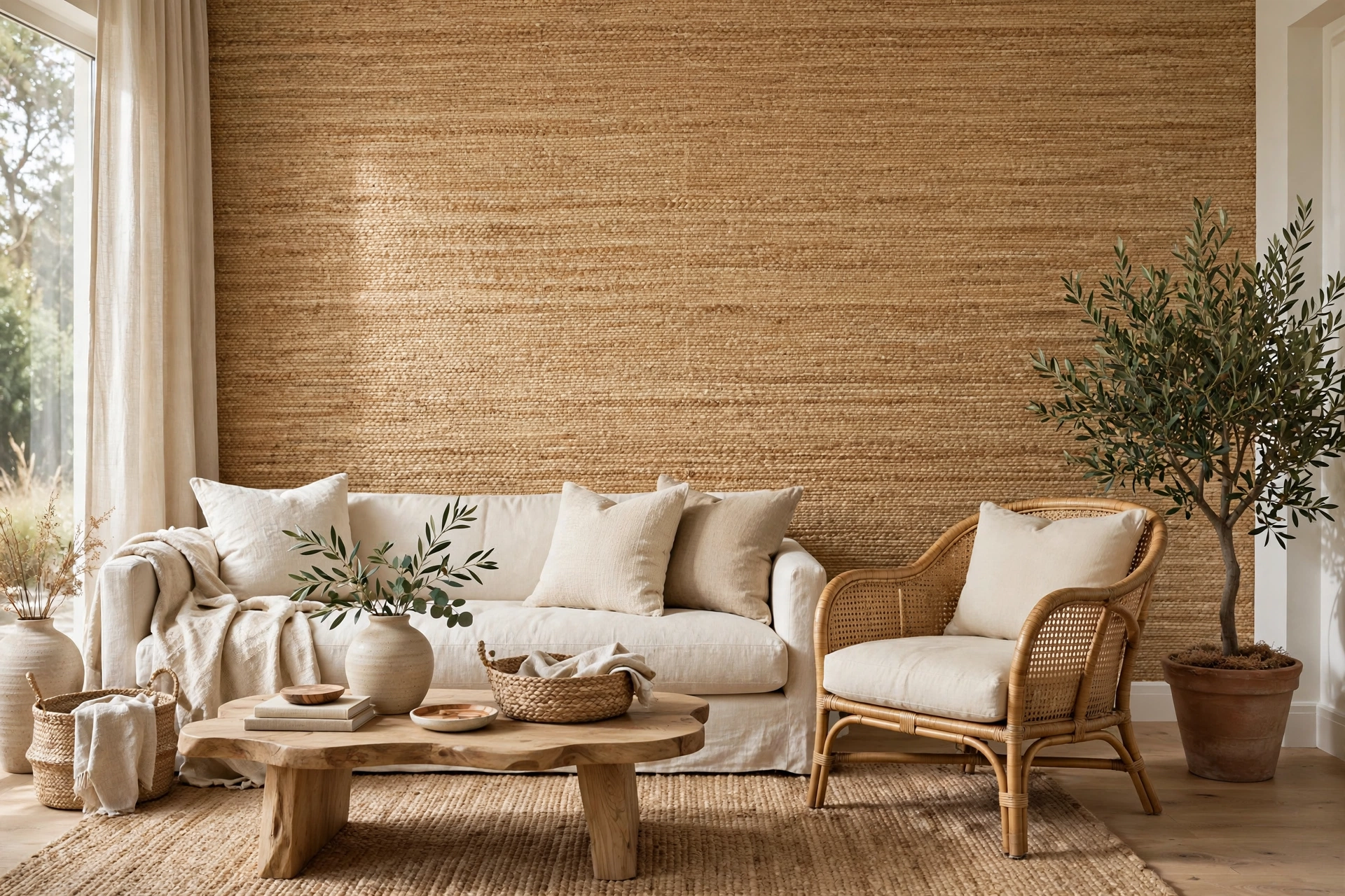 textured wallpaper ideas: living room accent wall in natural grasscloth textured wallpaper with visible woven sisal fibers, cream linen sofa and rattan armchair