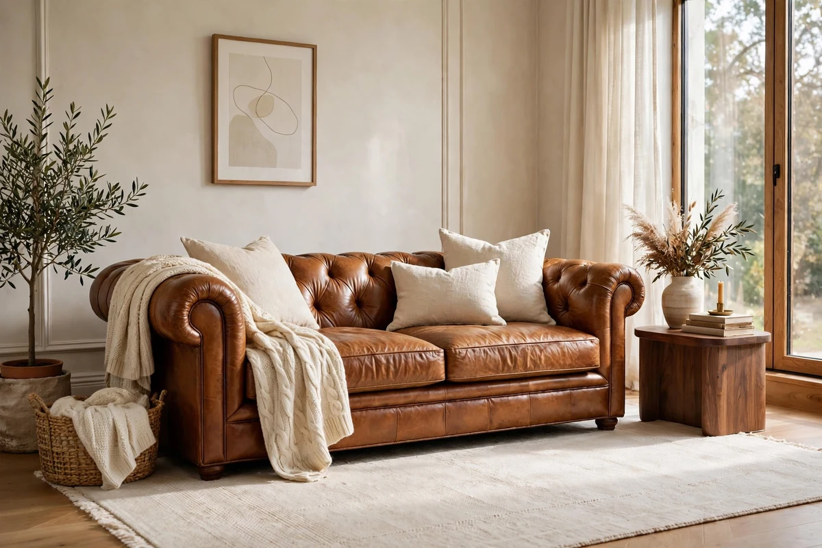 Caramel leather decor ideas: caramel leather sofa anchoring a bright living room with an ivory rug