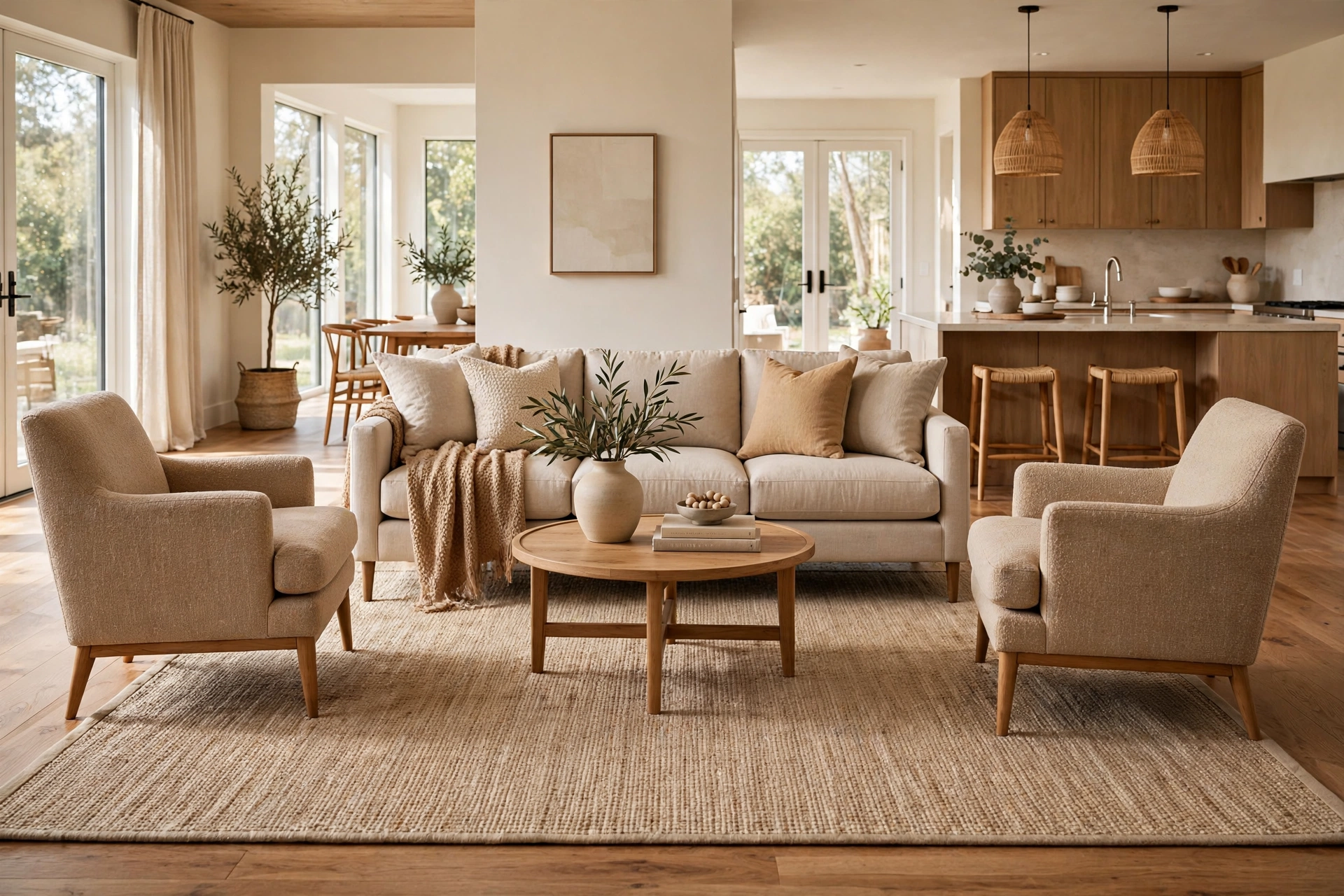 Area rug open floor plan ideas: large neutral rug anchoring a living-zone sofa and armchairs with all front legs on the rug