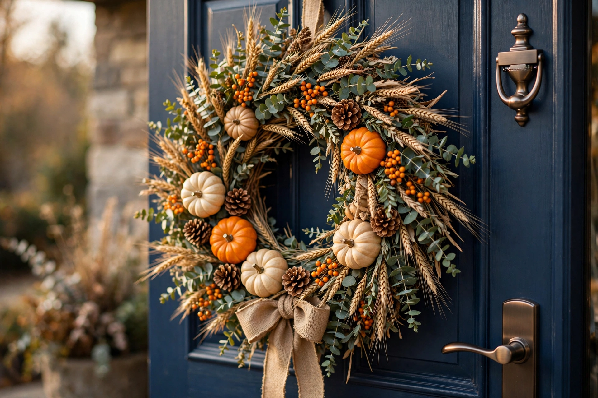 Fall front door decor ideas with an oversized harvest wreath of wheat, eucalyptus, berries and mini pumpkins on a navy door