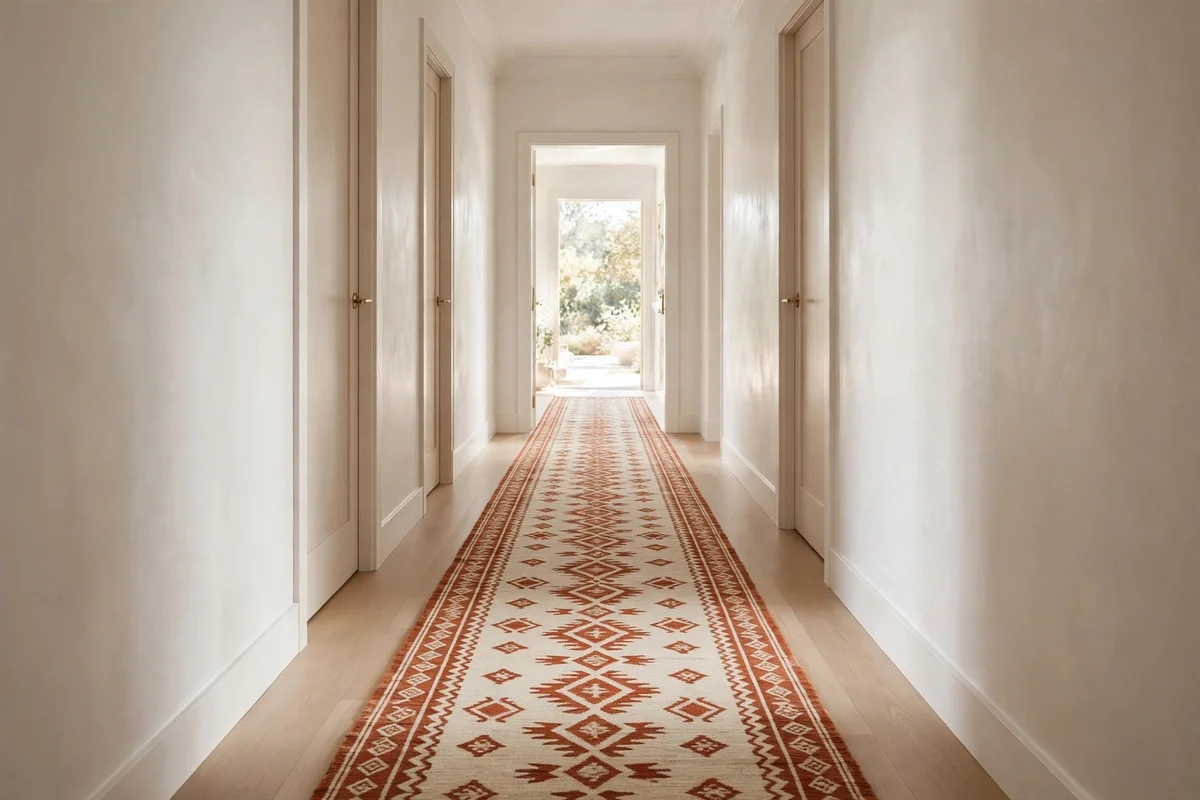 Narrow hallway decorating ideas: continuous wood flooring running unbroken through a narrow hallway with a centered runner