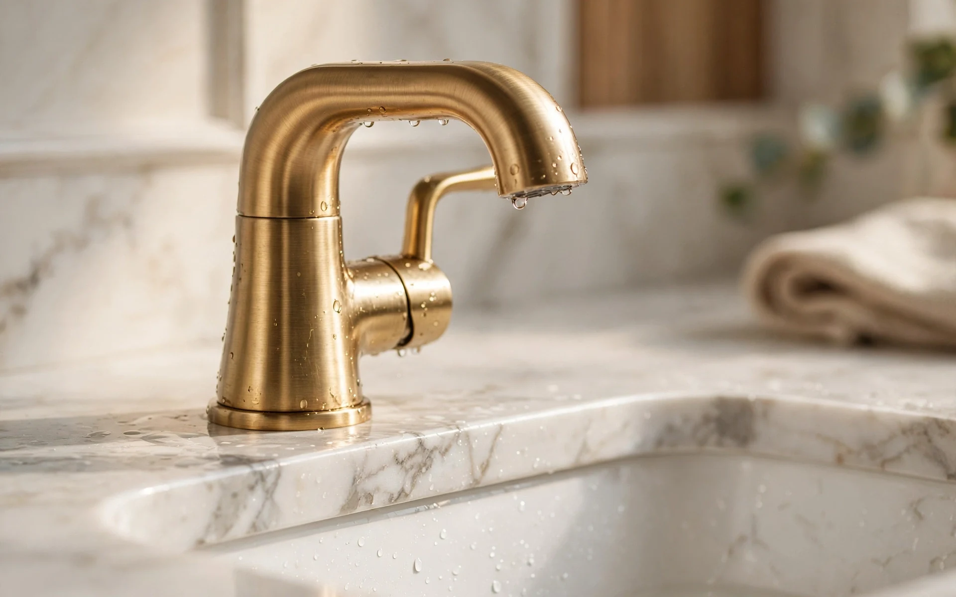 Brushed gold faucet gold bathroom fixtures ideas on a white marble vanity