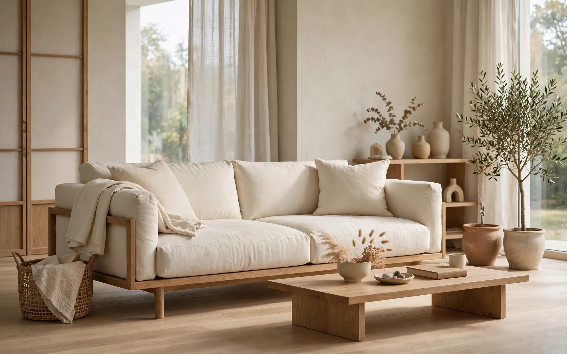 Low profile cream linen sofa in japandi living room ideas with wooden frame and light oak floor