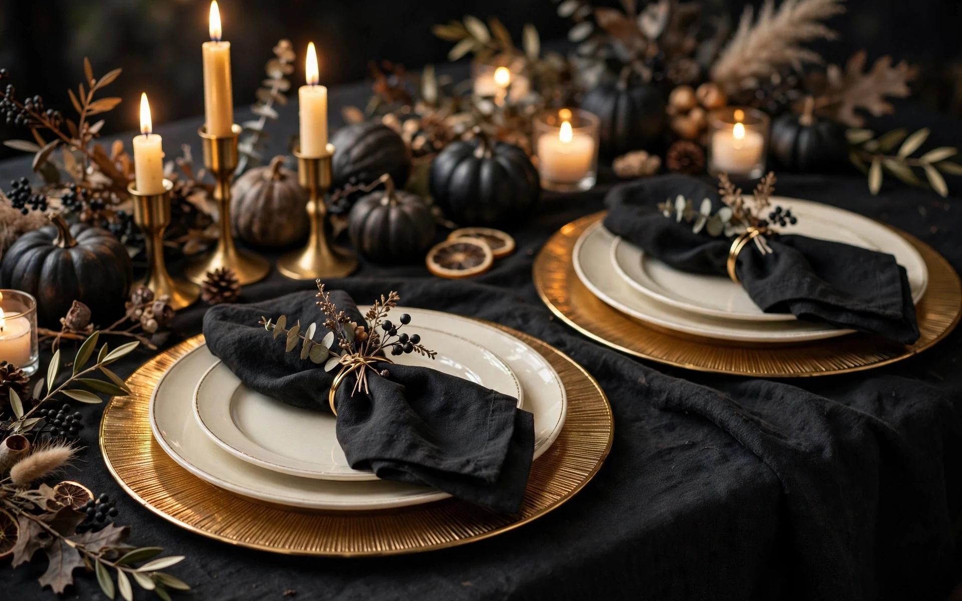 Halloween table setting ideas with black linen, gold chargers and cream plates