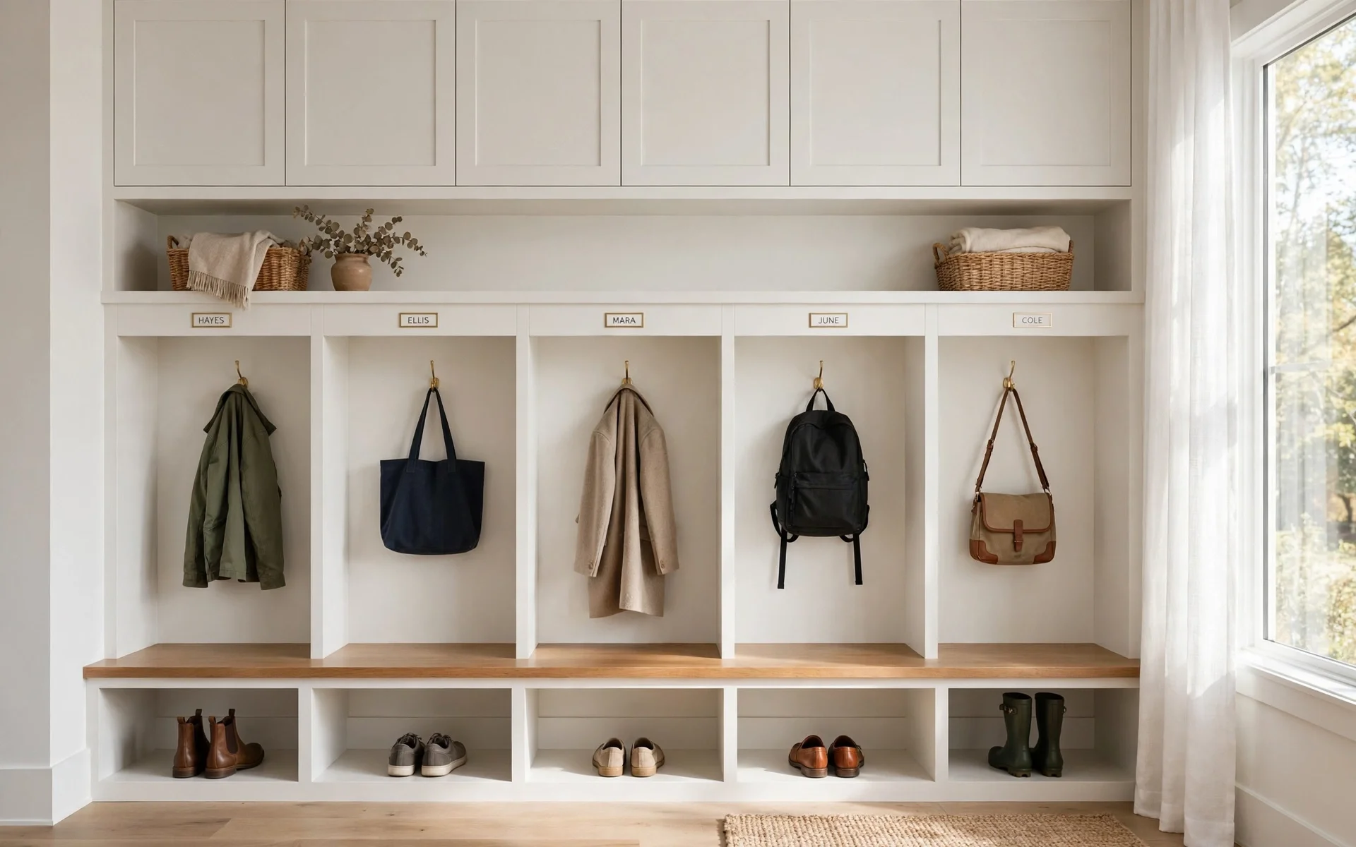 Built-in white mudroom locker wall with wooden bench and cubbies, a classic example of mudroom ideas