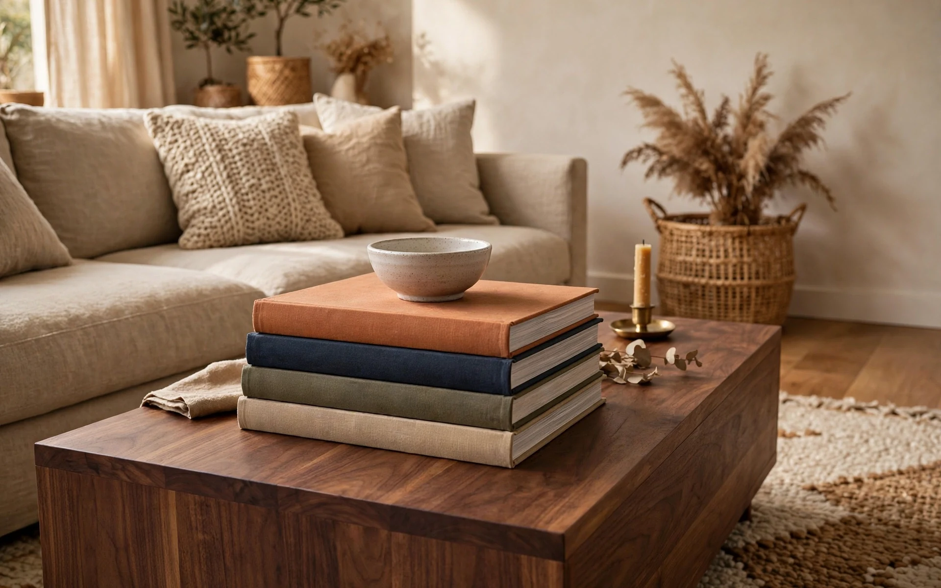 Book stack coffee table styling ideas with large art books topped by a small ceramic bowl