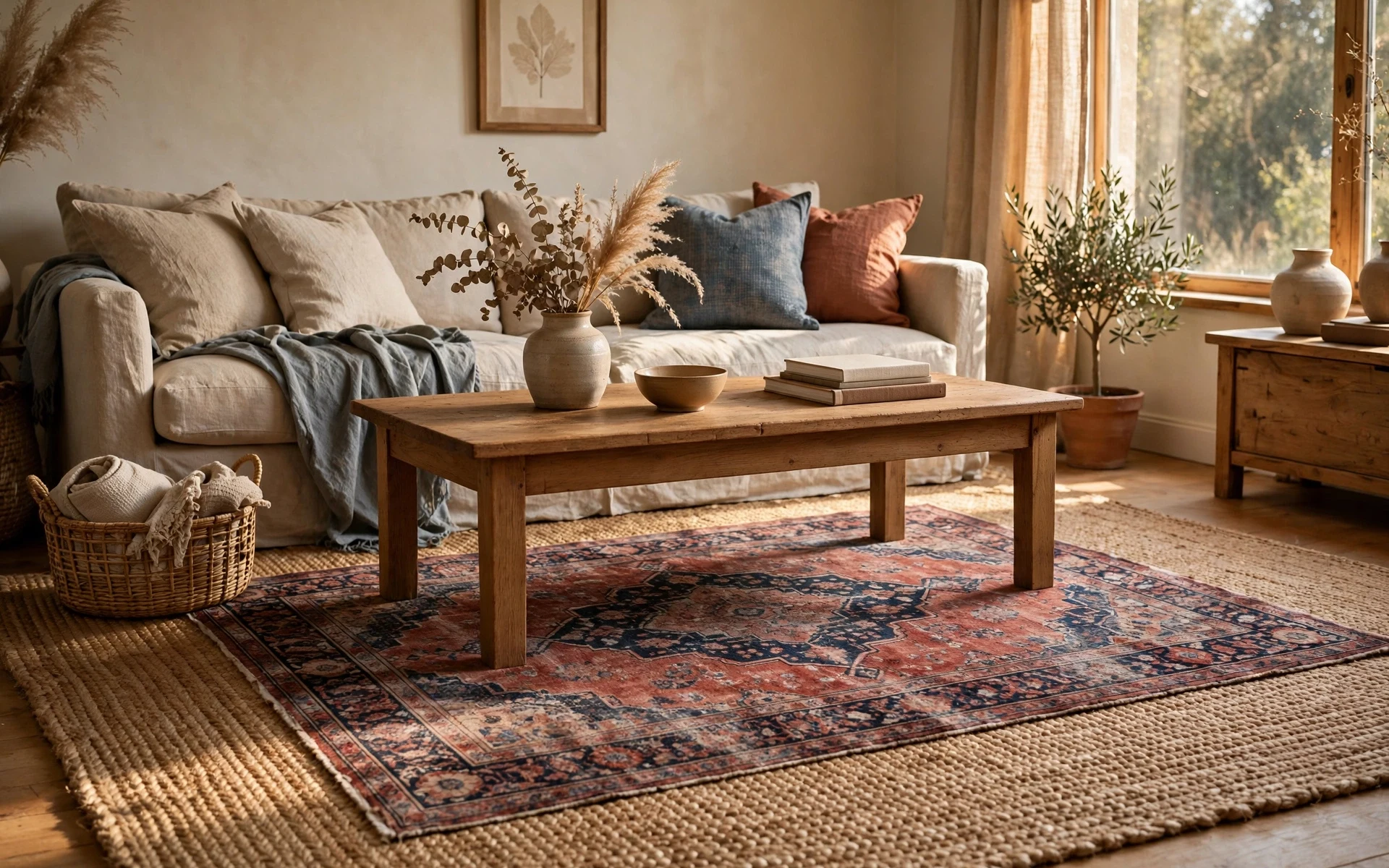 Rug layering ideas with a natural jute base rug and a vintage patterned rug centered on top in a living room