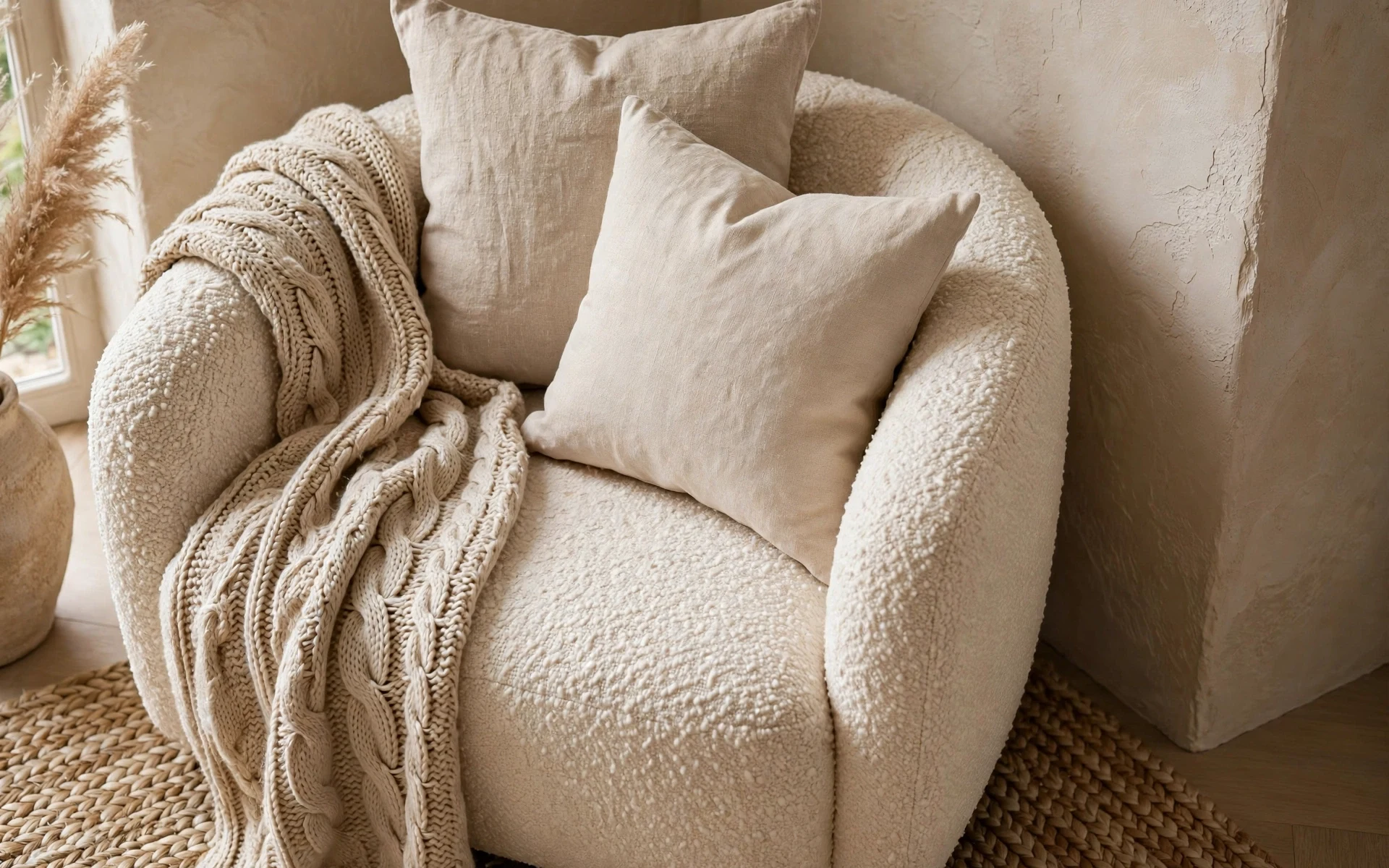 Close view of beige living room ideas built on texture with boucle chair, linen cushions and a woven jute rug