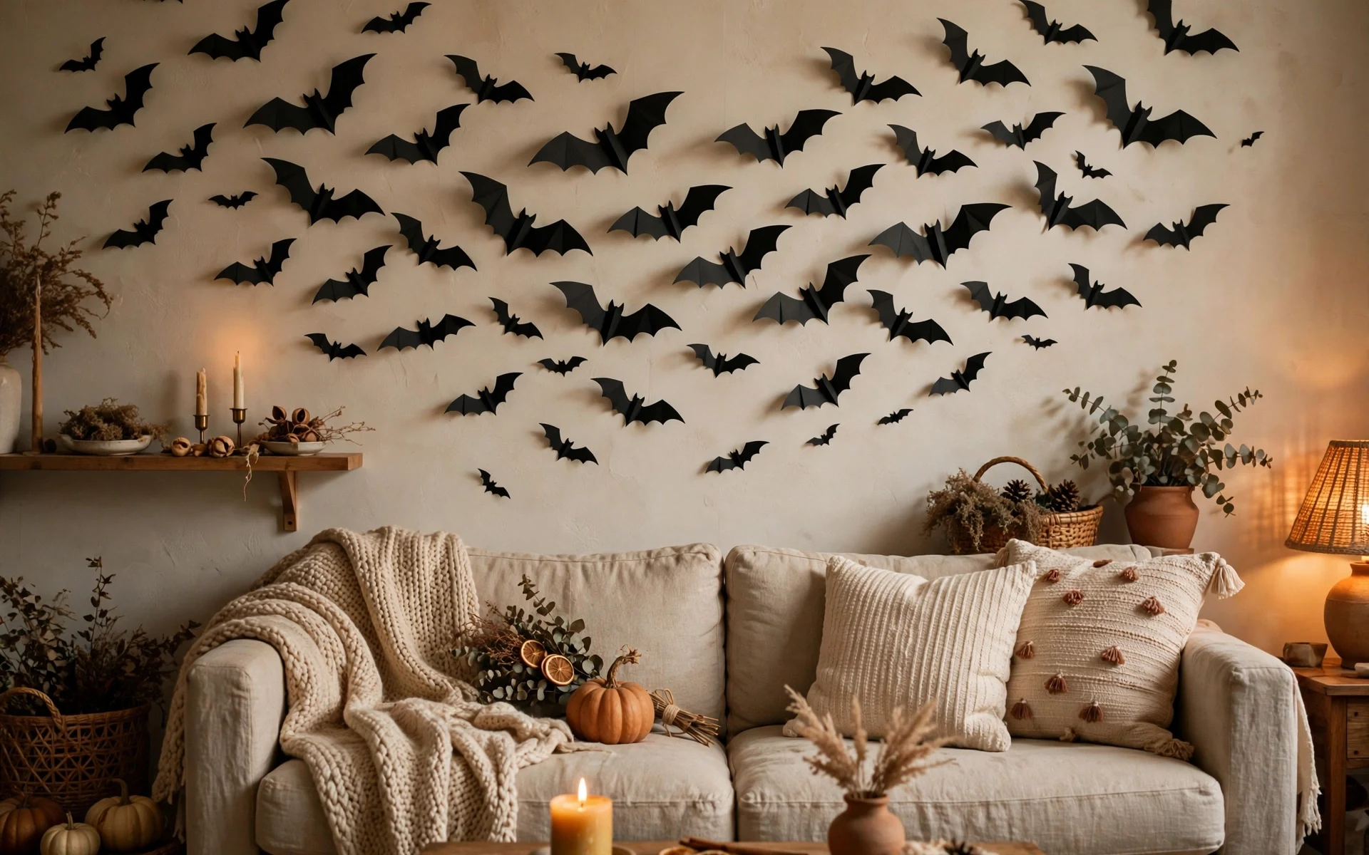 Paper bat swarm made from black card stock as diy halloween decor ideas above a sofa