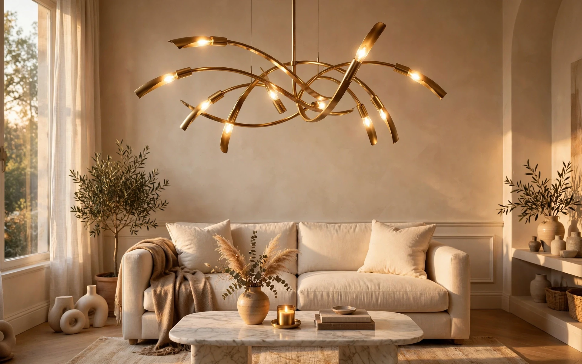 Wide living room with statement lighting ideas featuring a large sculptural brass chandelier over a cream sofa