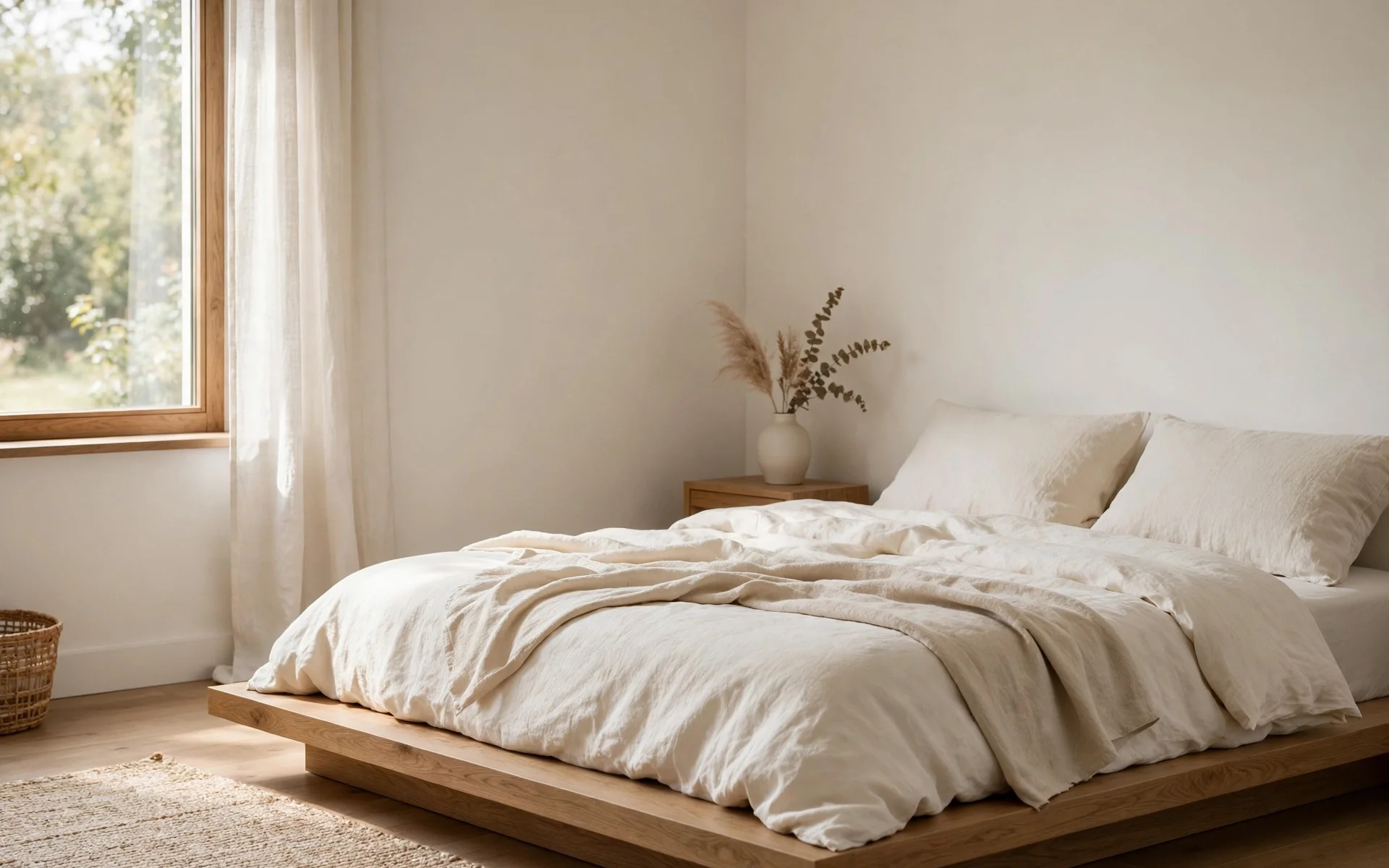 Warm minimalist bedroom ideas with warm white walls and cream bedding in soft daylight