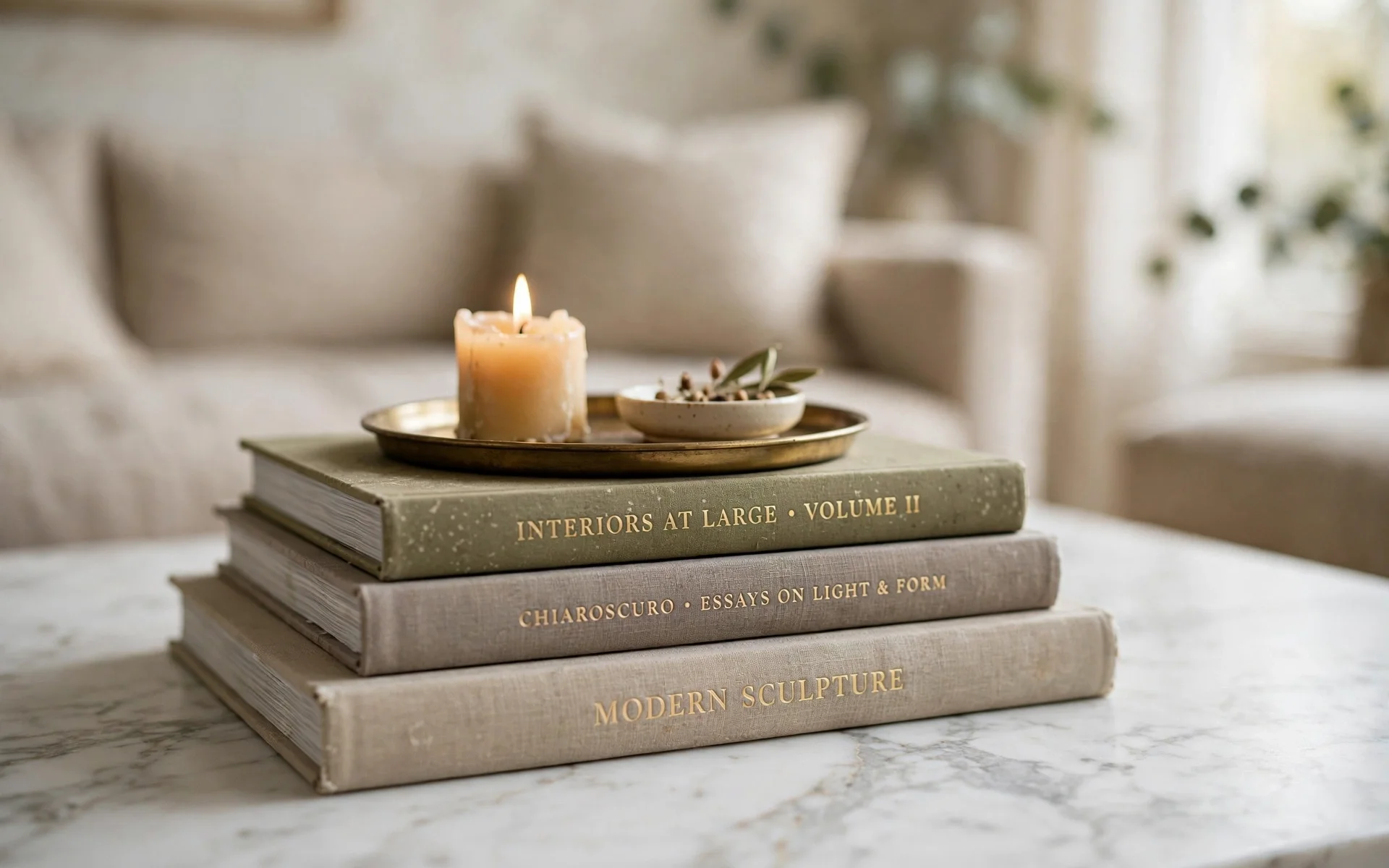 Marble coffee table ideas with stacked art books and a small brass tray
