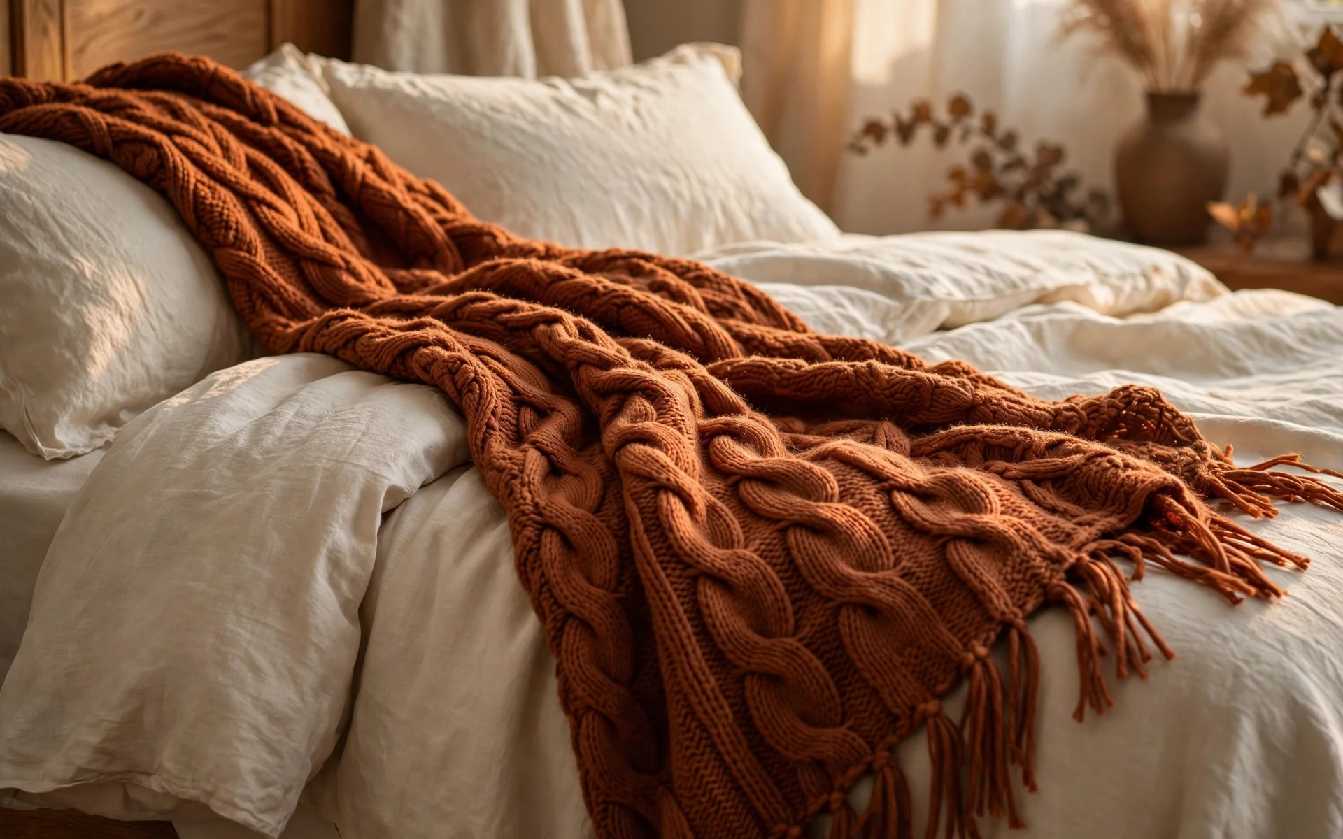Fall bedroom decor ideas with a rust chunky knit throw on cream bedding