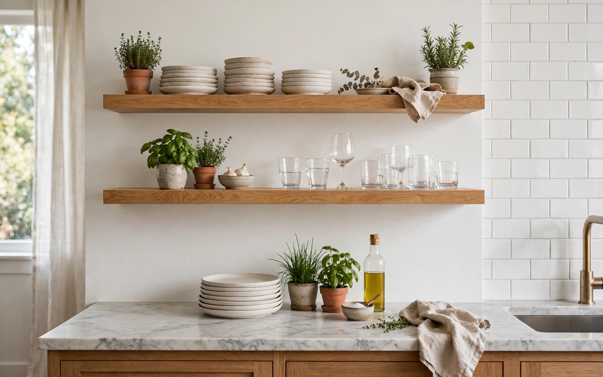 Open shelf kitchen ideas with white oak floating shelves holding stacked stoneware and glassware