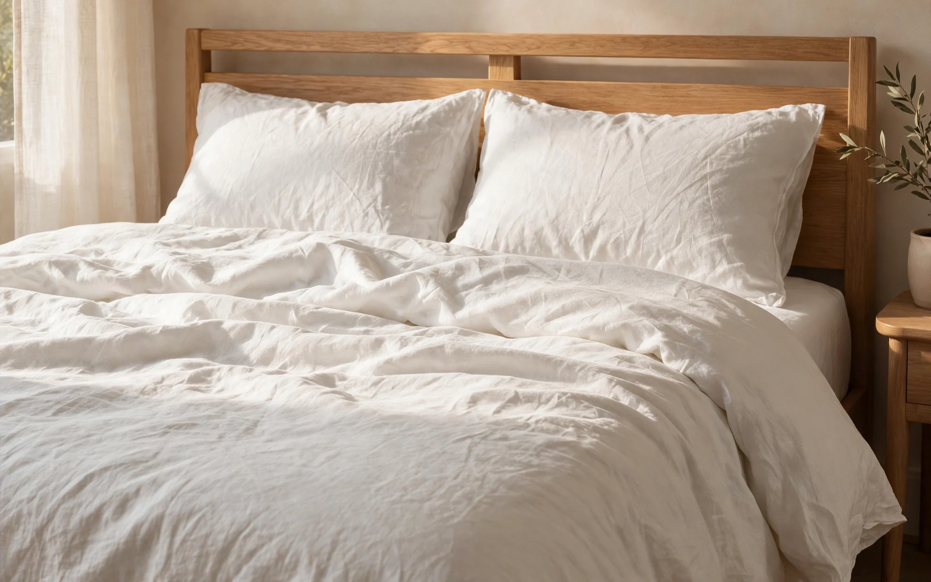 All-white linen bedding ideas with crisp white linen duvet, sheets and pillowcases on a light oak bed