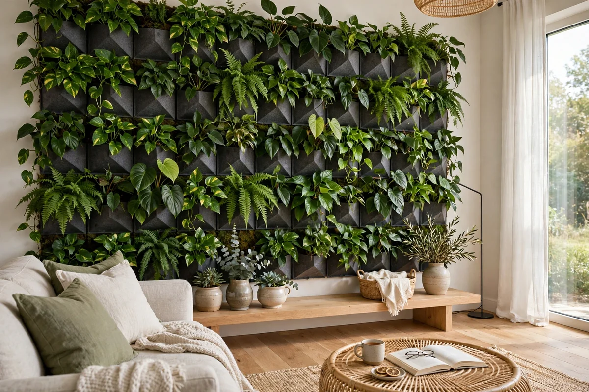 Biophilic decor ideas — a lush living wall of pothos, ferns, and philodendron in a bright living room