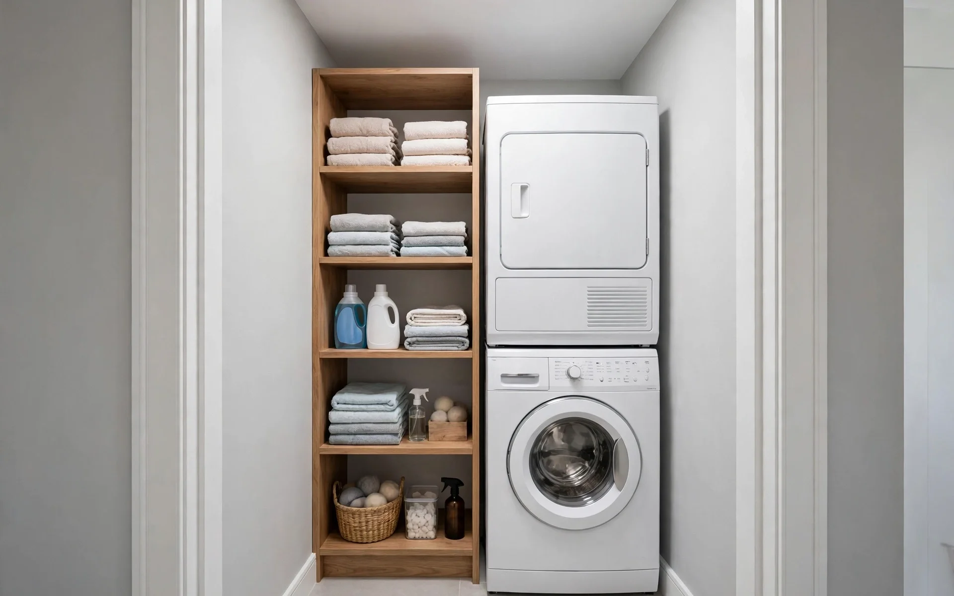 Stacked washer and dryer in a narrow closet, a space-saving pick among small laundry room ideas