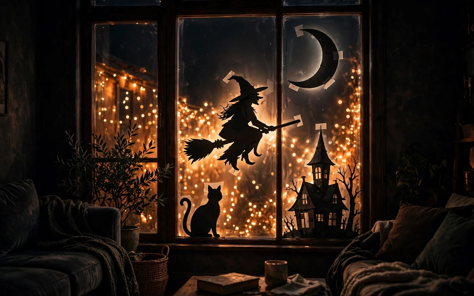 Halloween window decor ideas with backlit black witch and cat silhouette decals glowing on the window glass at night