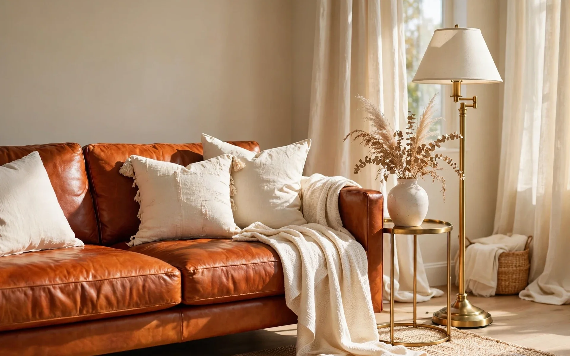 Cognac leather sofa ideas with cream linen pillows, a brass lamp, and warm wood side table