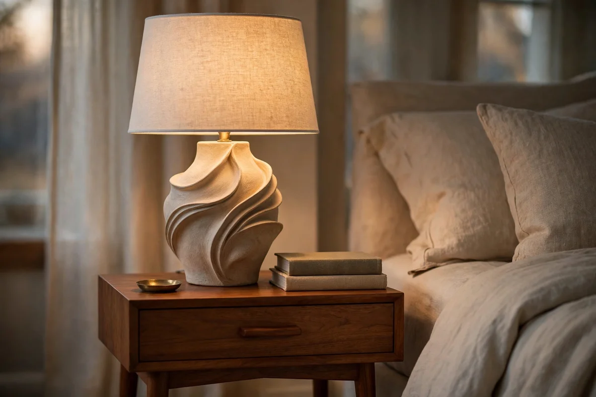 Bedside table styling ideas anchored by a statement ceramic table lamp on a wooden nightstand