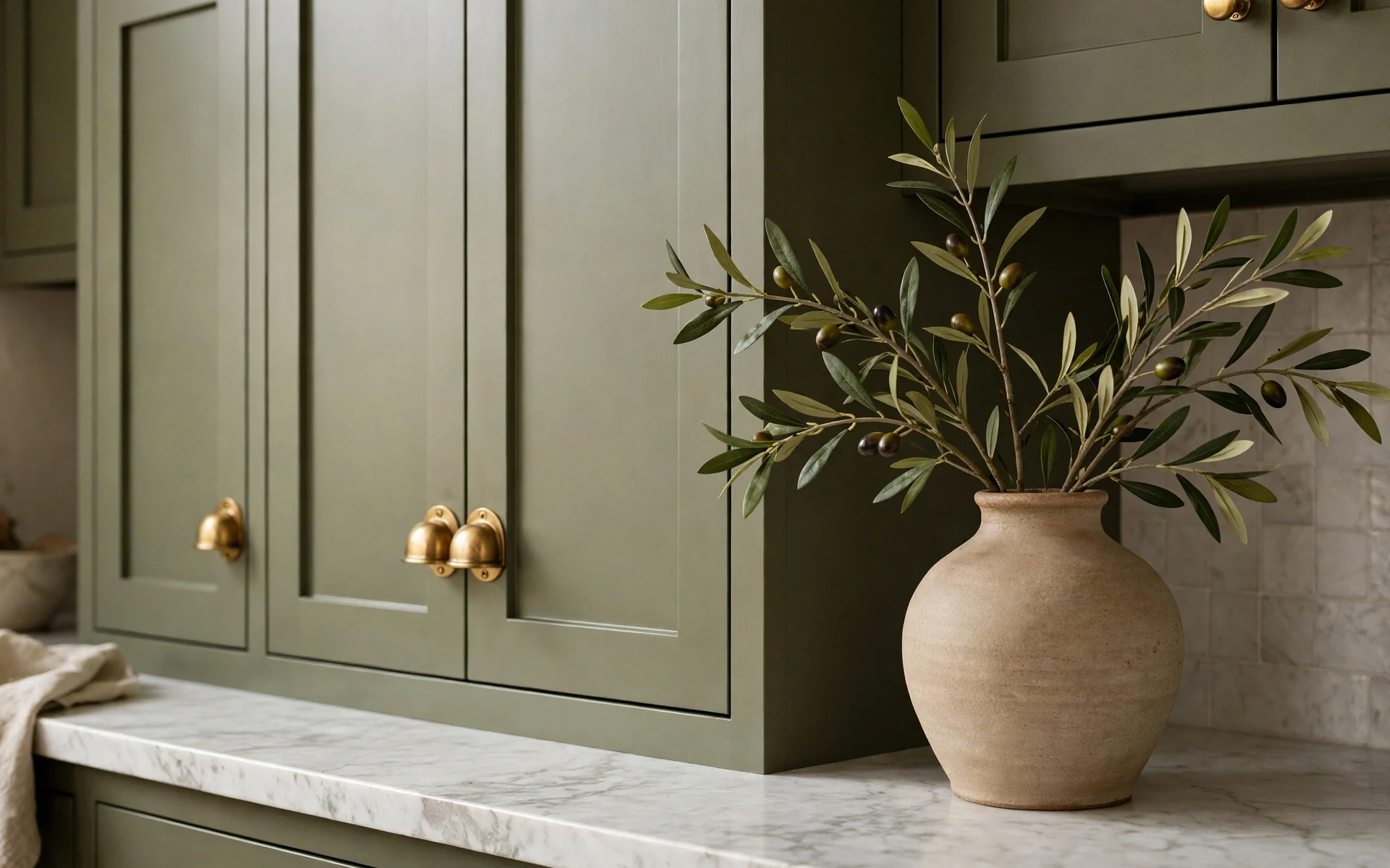 Olive green kitchen ideas with shaker cabinets, brass cup pulls and a marble countertop