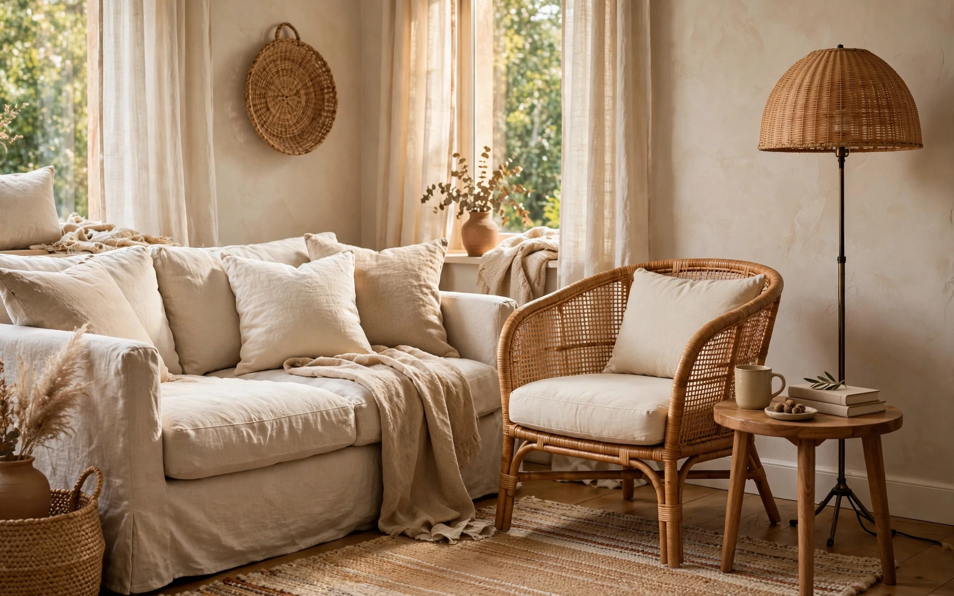 Rattan decor ideas starting with a single rattan accent chair and cream cushion in a living room