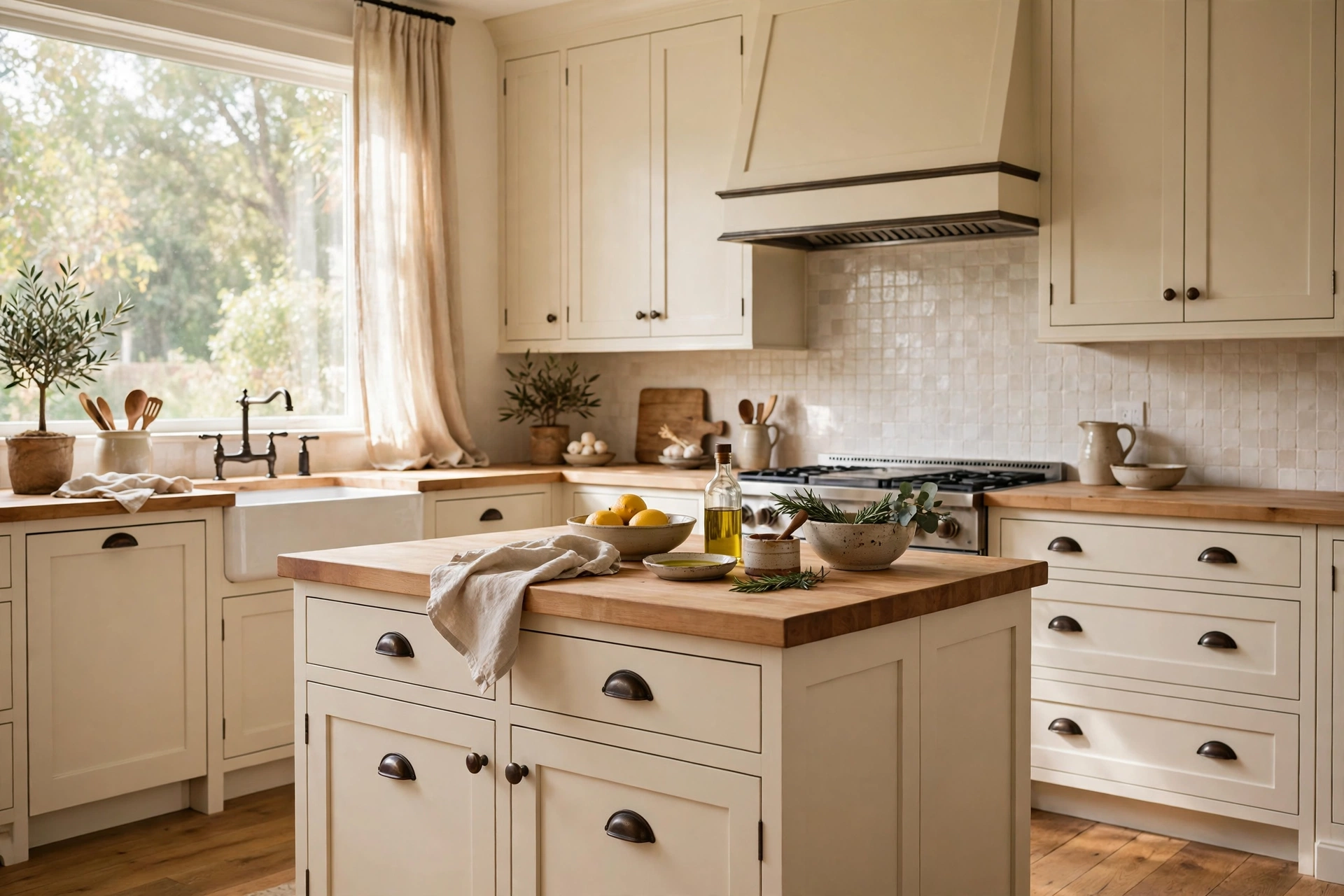 Cream kitchen ideas: warm ivory Shaker cabinets with dark bronze cup pulls and knobs