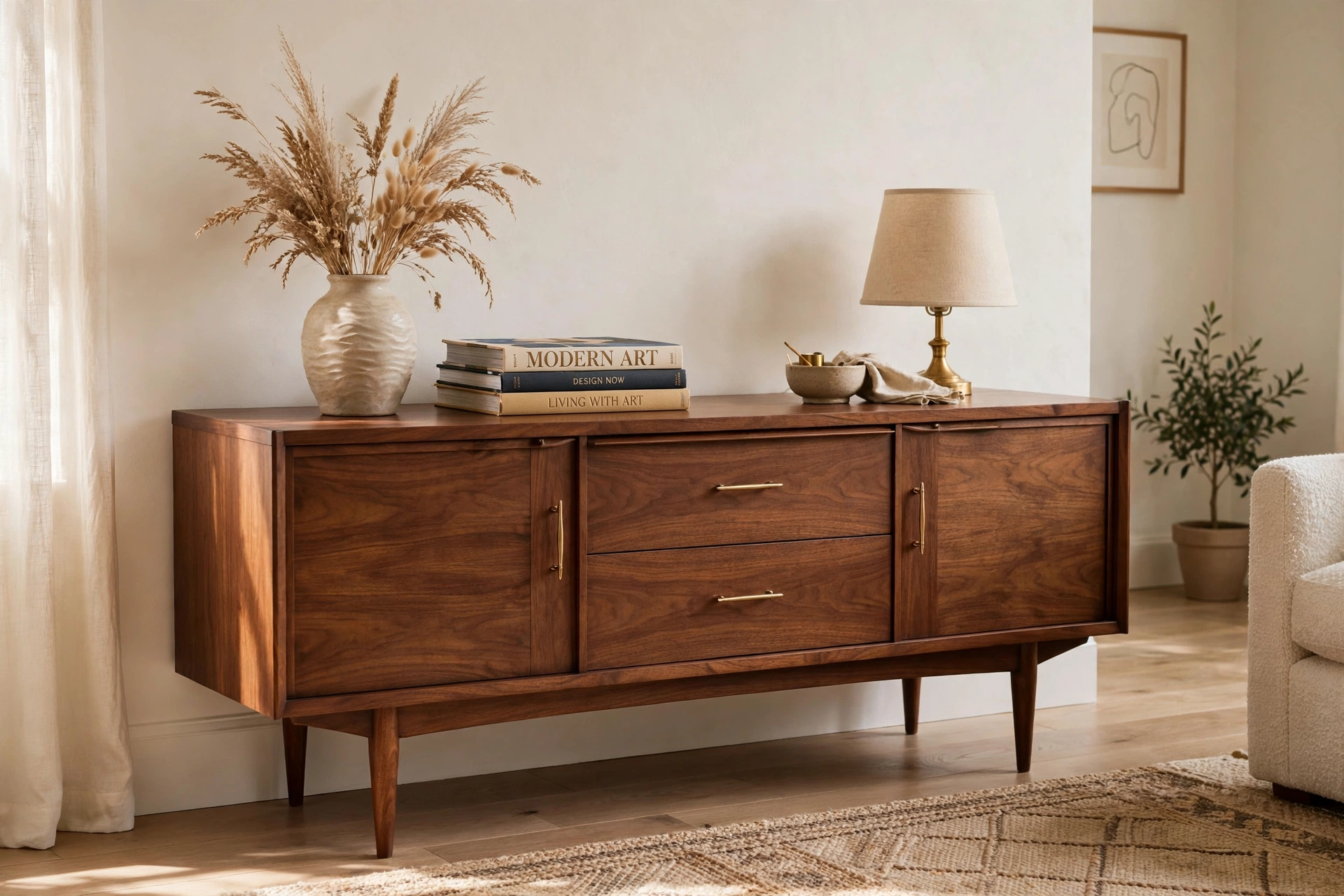 Walnut furniture ideas for the living room featuring a styled walnut credenza