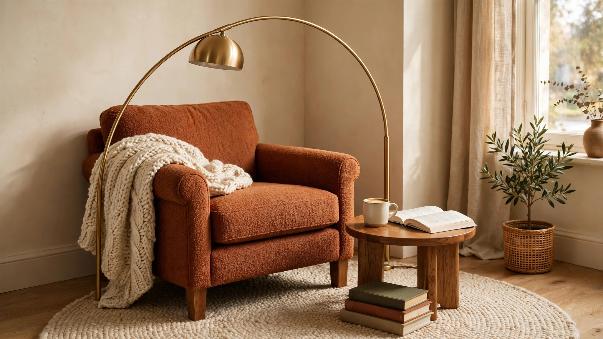 Reading nook ideas: upholstered armchair with arc floor lamp, knit throw, and stacked books in a warm corner