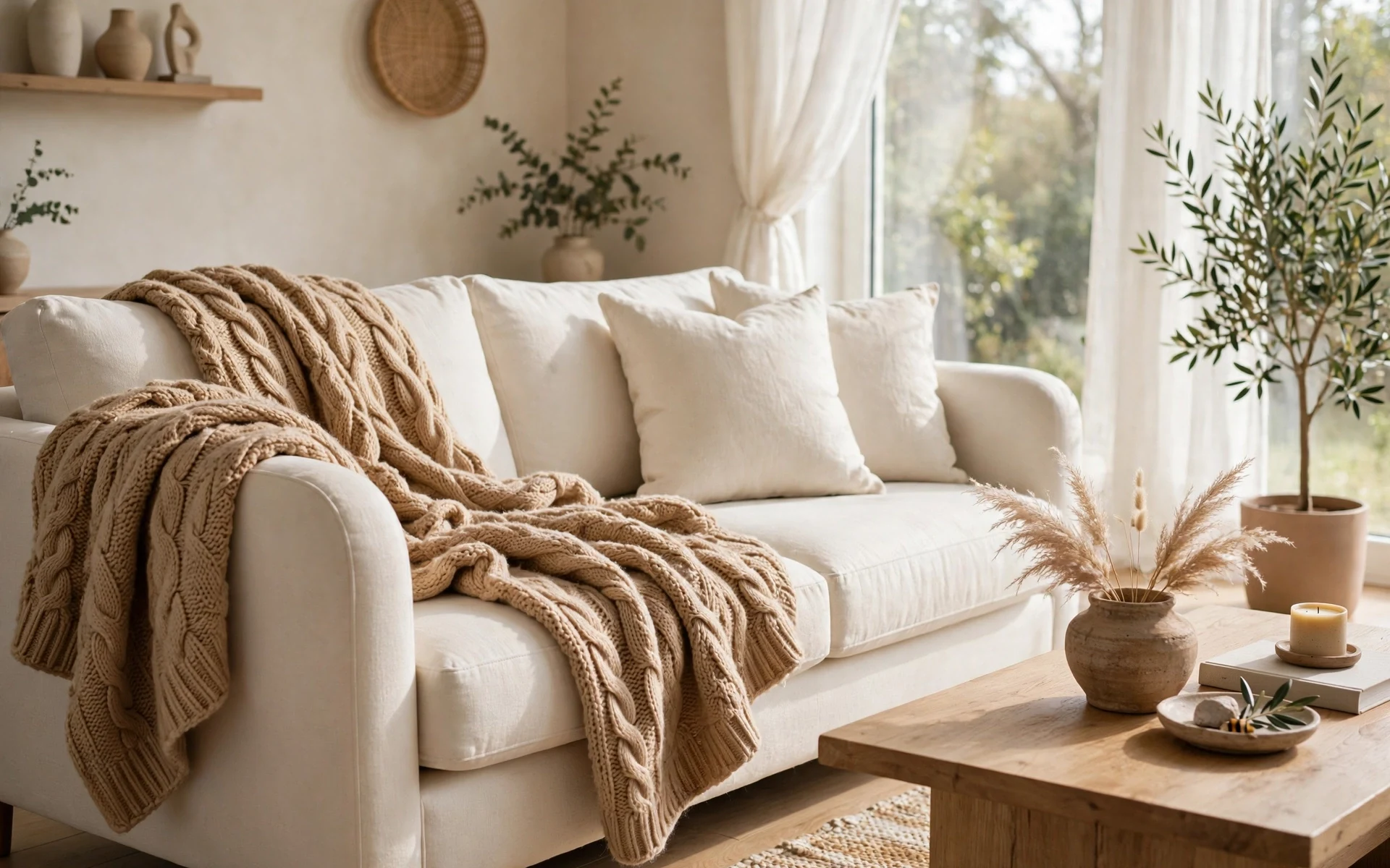 Cream sofa styling ideas with a chunky knit throw in warm sand draped over one sofa arm