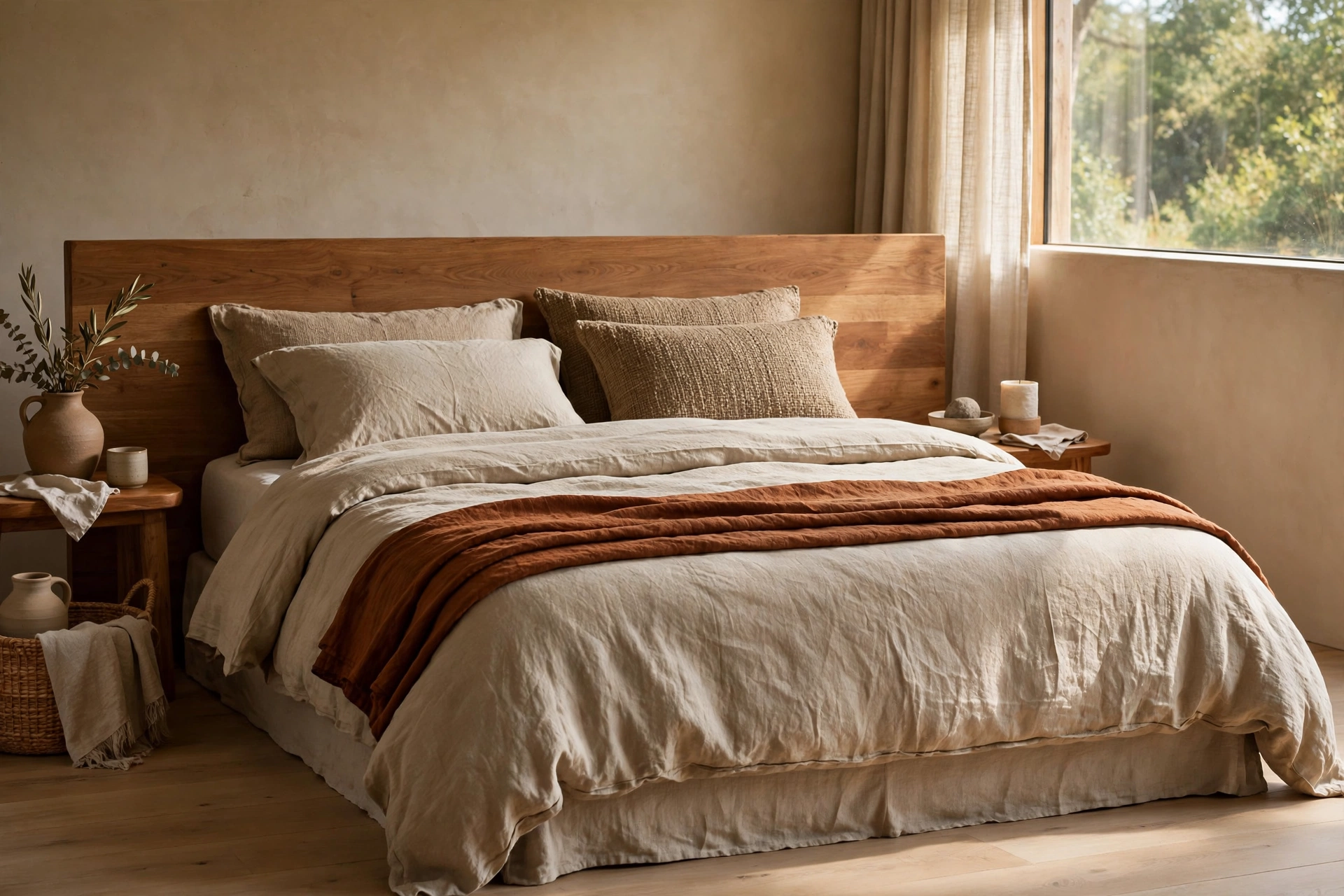 Earthy bedroom ideas: bed layered with linen bedding in sand, oat, and clay tones