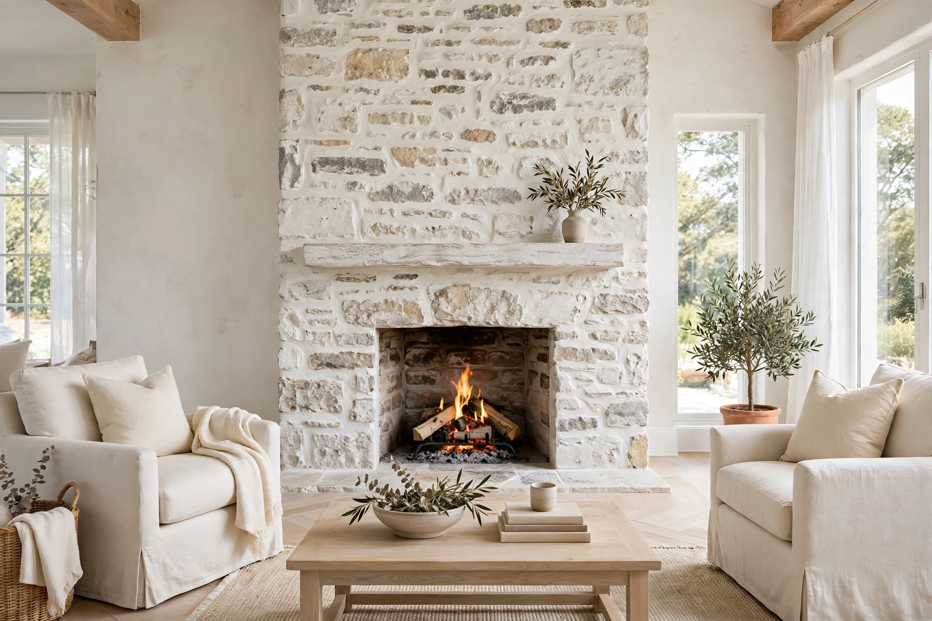 Stone fireplace ideas showing a whitewashed stone surround with a soft limewash finish and bright living room