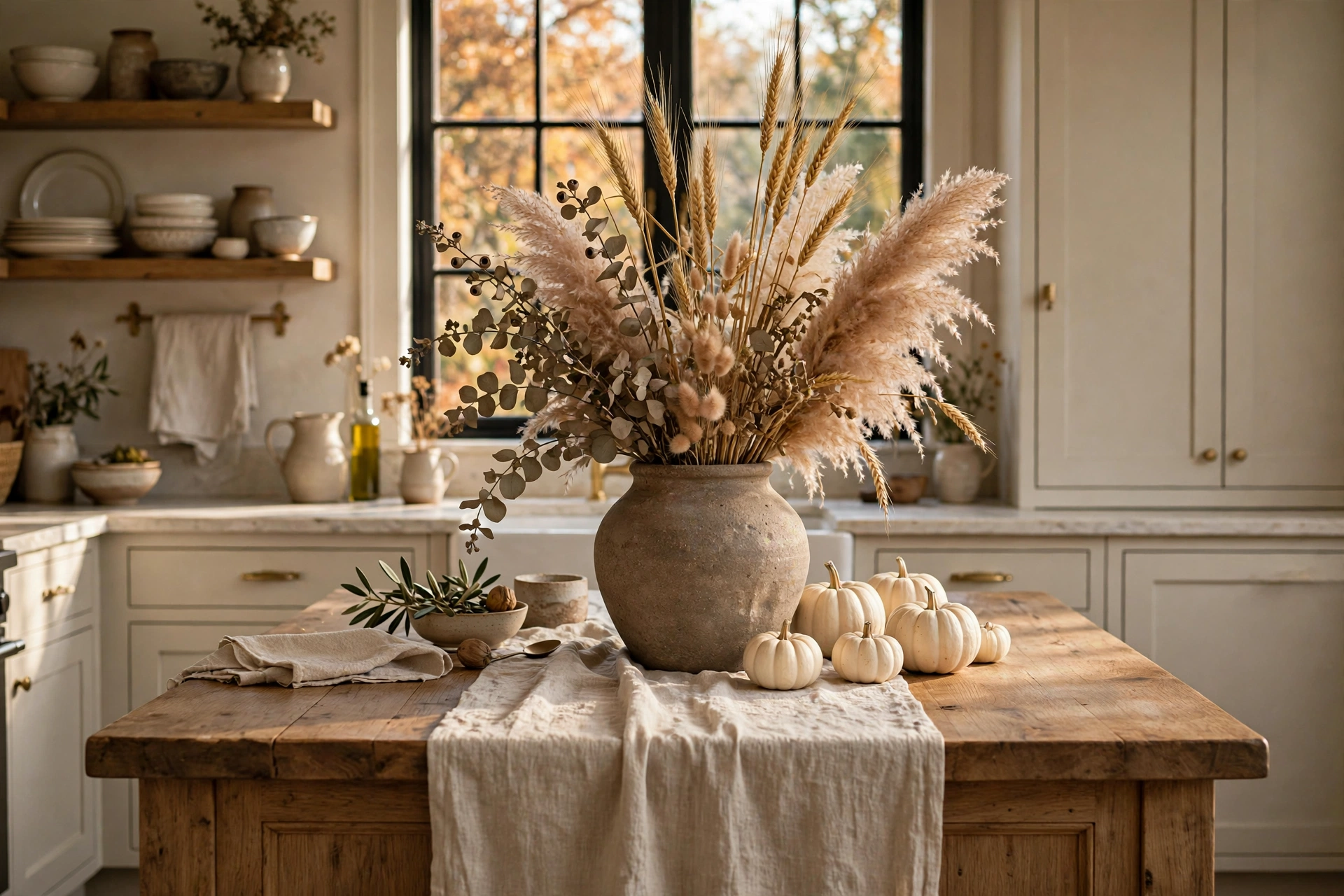 Fall kitchen decor ideas featuring a dried wheat and botanical centerpiece on a farmhouse island