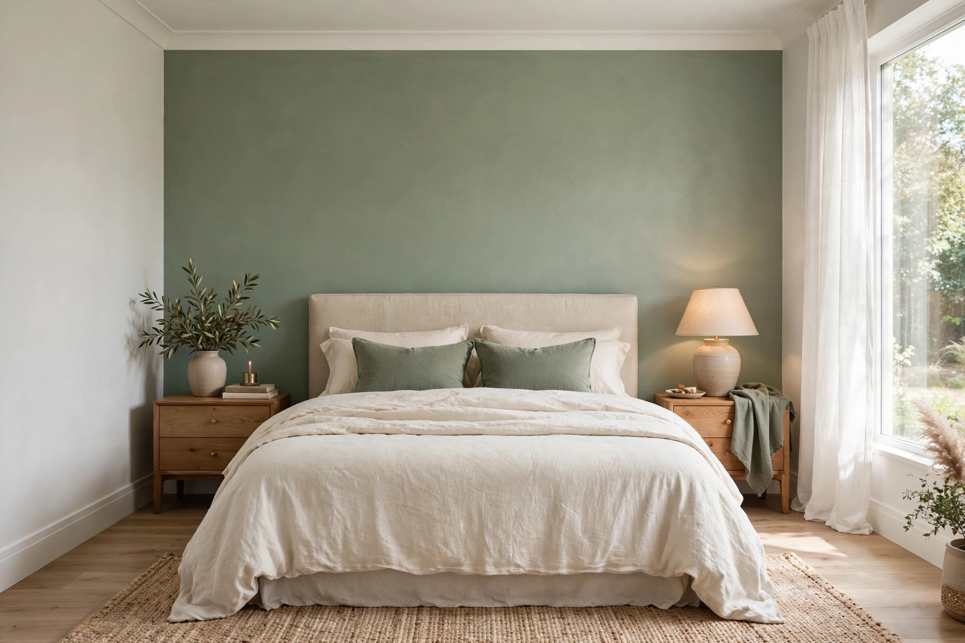Sage green bedroom ideas with a sage accent wall behind the headboard