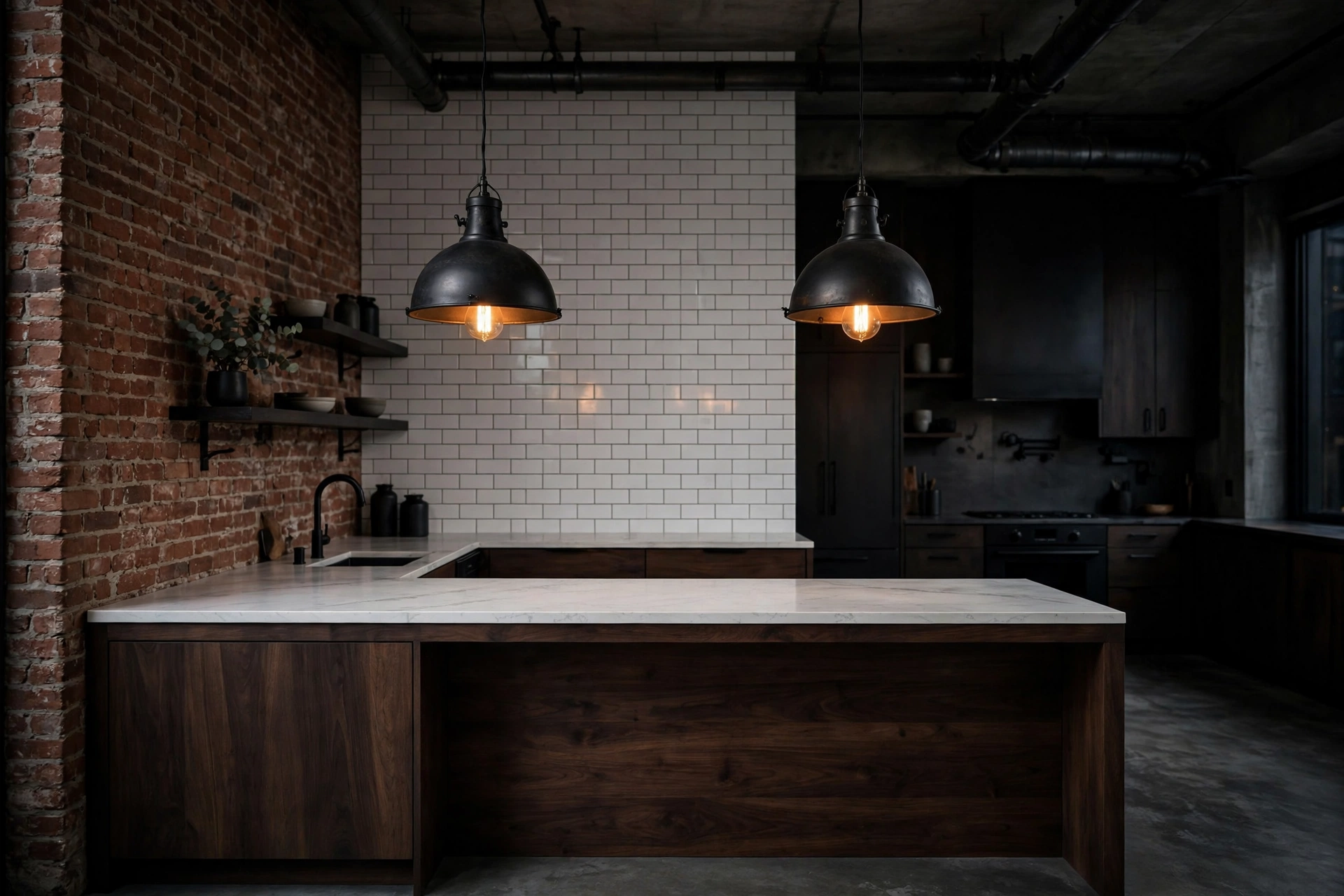 Kitchen pendant lighting ideas: matte black industrial dome pendants over a dark kitchen island