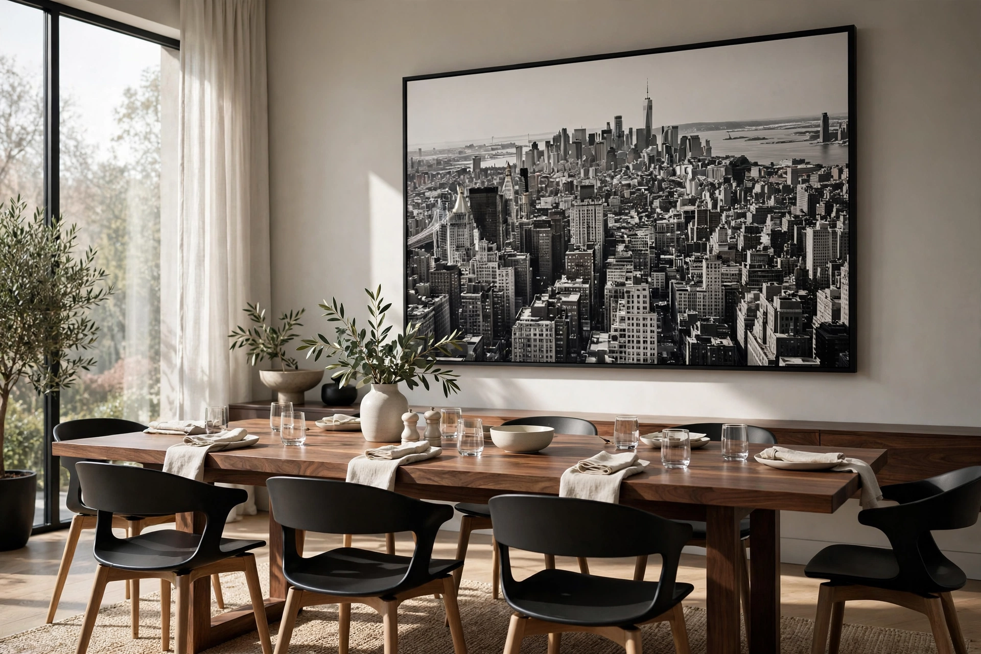 Huge black-and-white cityscape photograph in a black frame — oversized wall art ideas for the dining room
