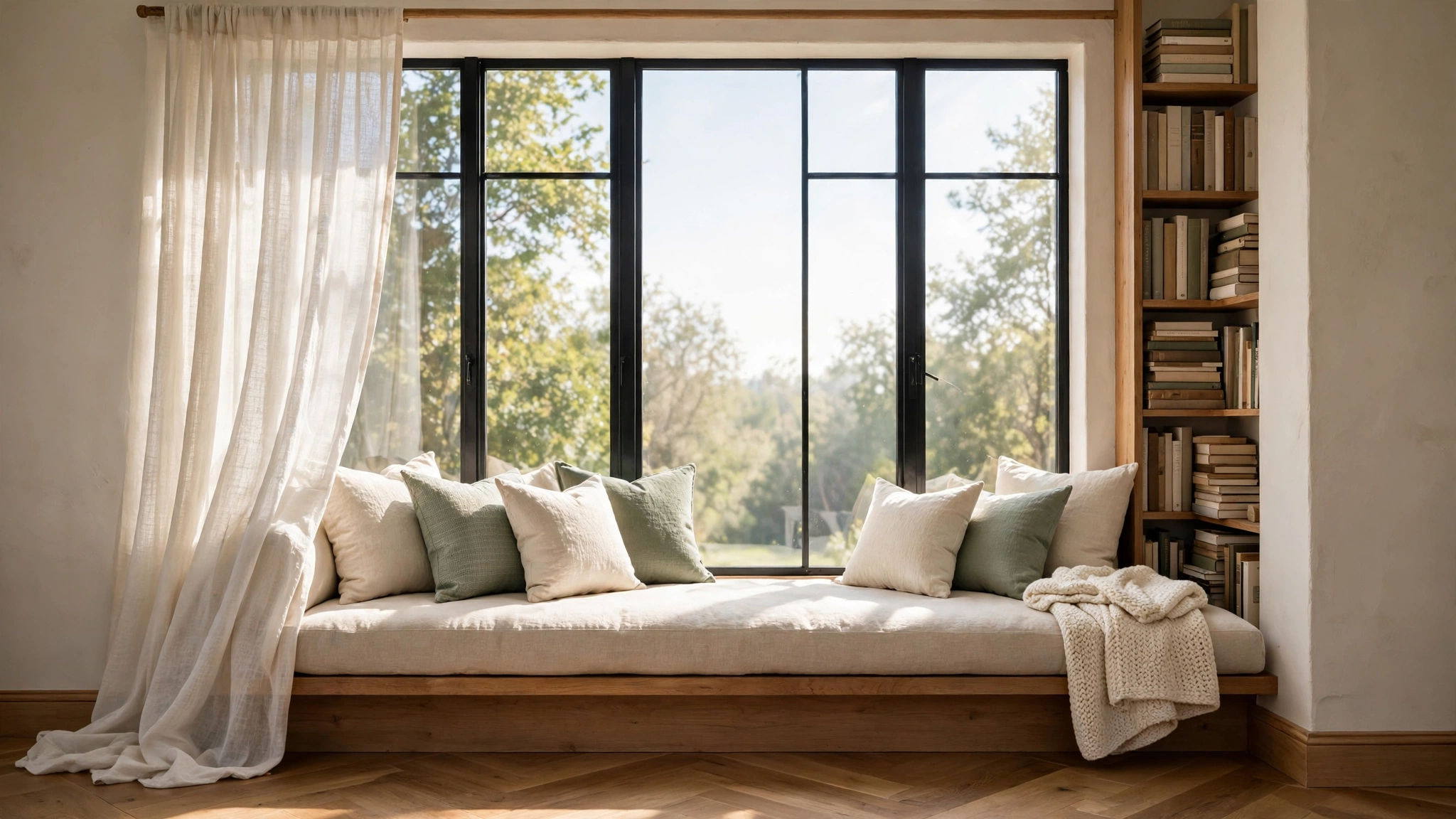 Reading nook ideas: built-in window seat with linen cushions, pillows, and a knit throw in bright daylight