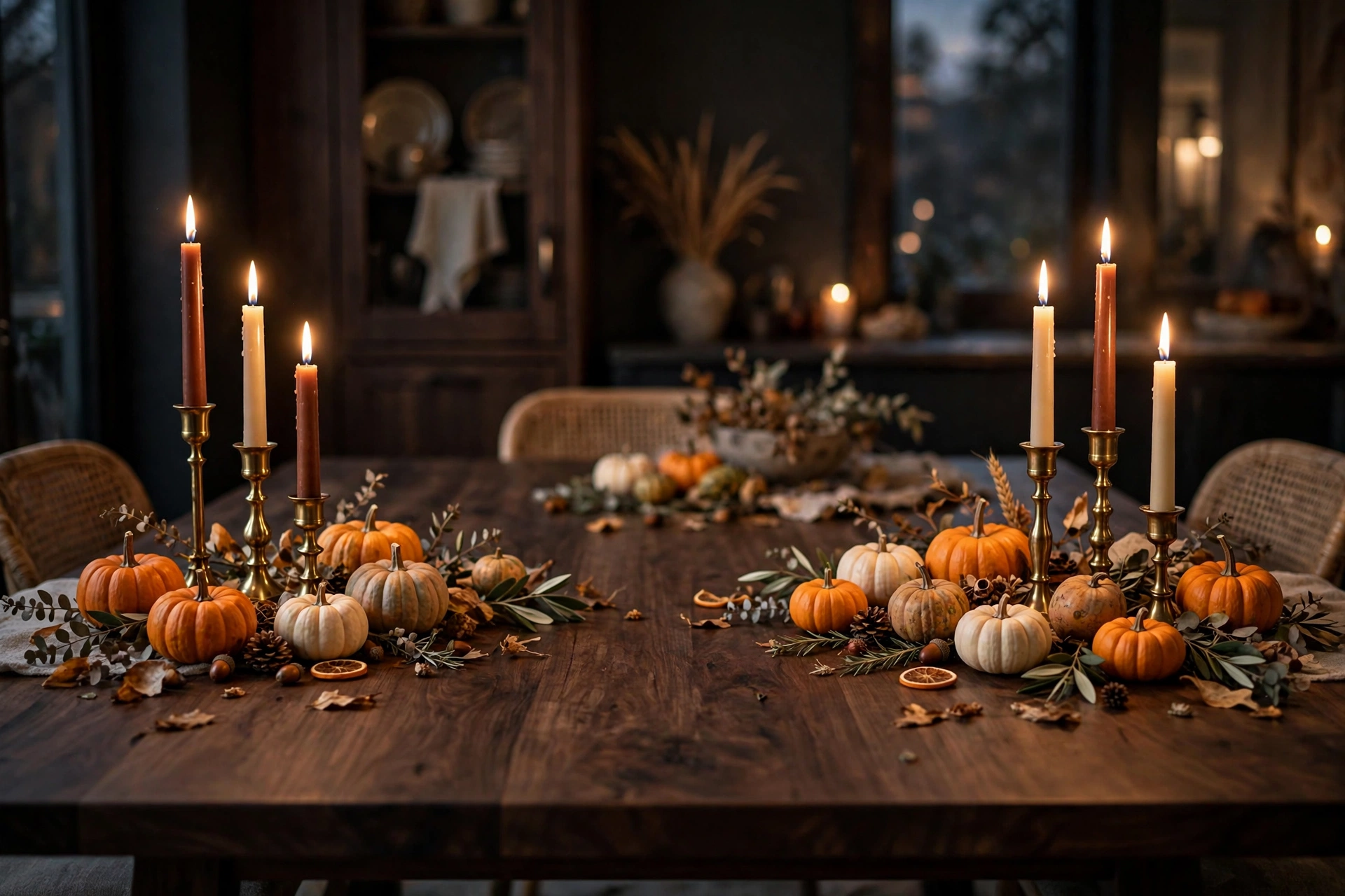 Elegant thanksgiving table decor ideas with mixed-height taper candles in brass holders