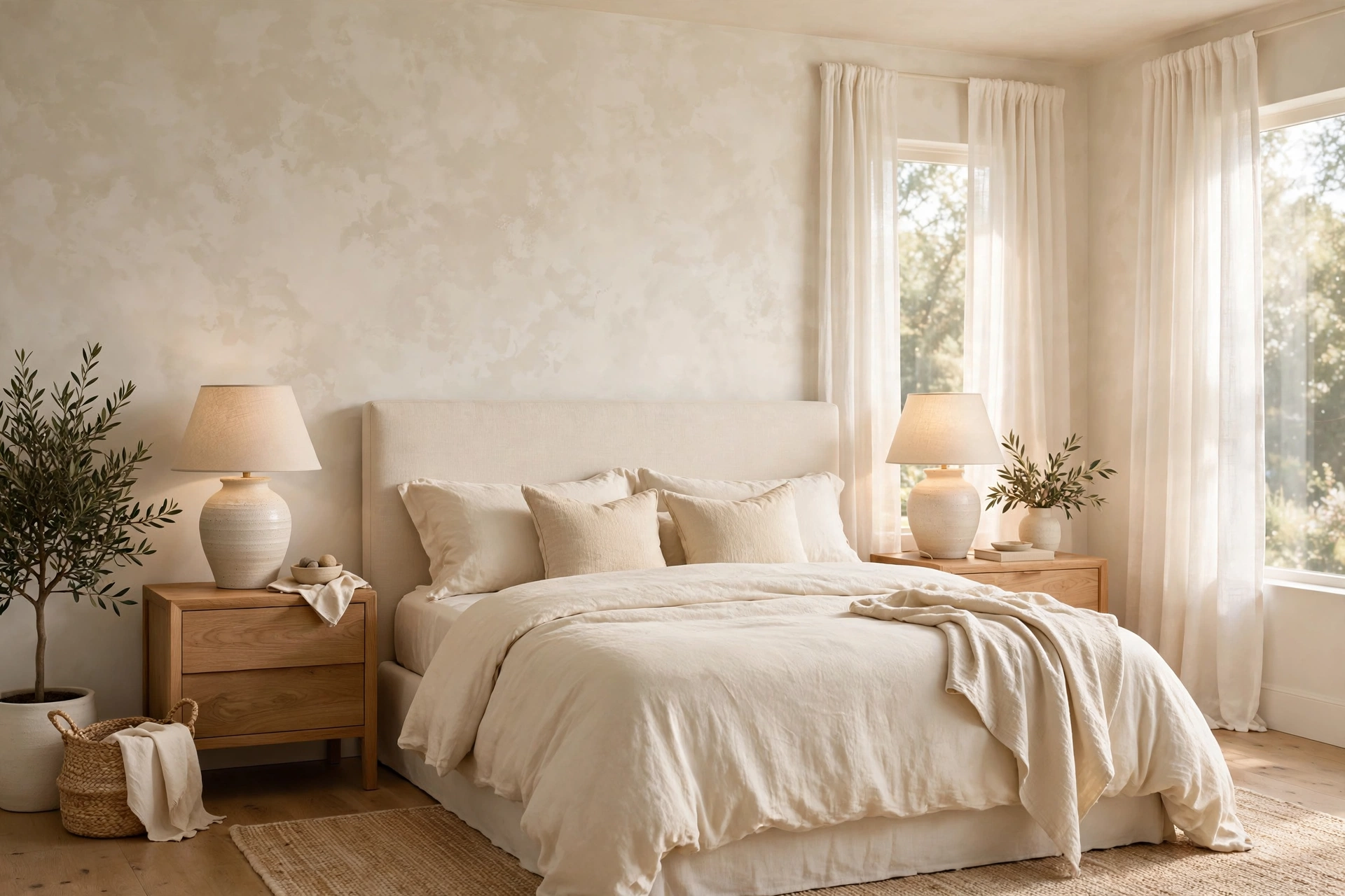 textured wallpaper ideas: serene bedroom with limewash-look matte textured wallpaper in warm white showing soft cloudy brush texture behind a linen bed