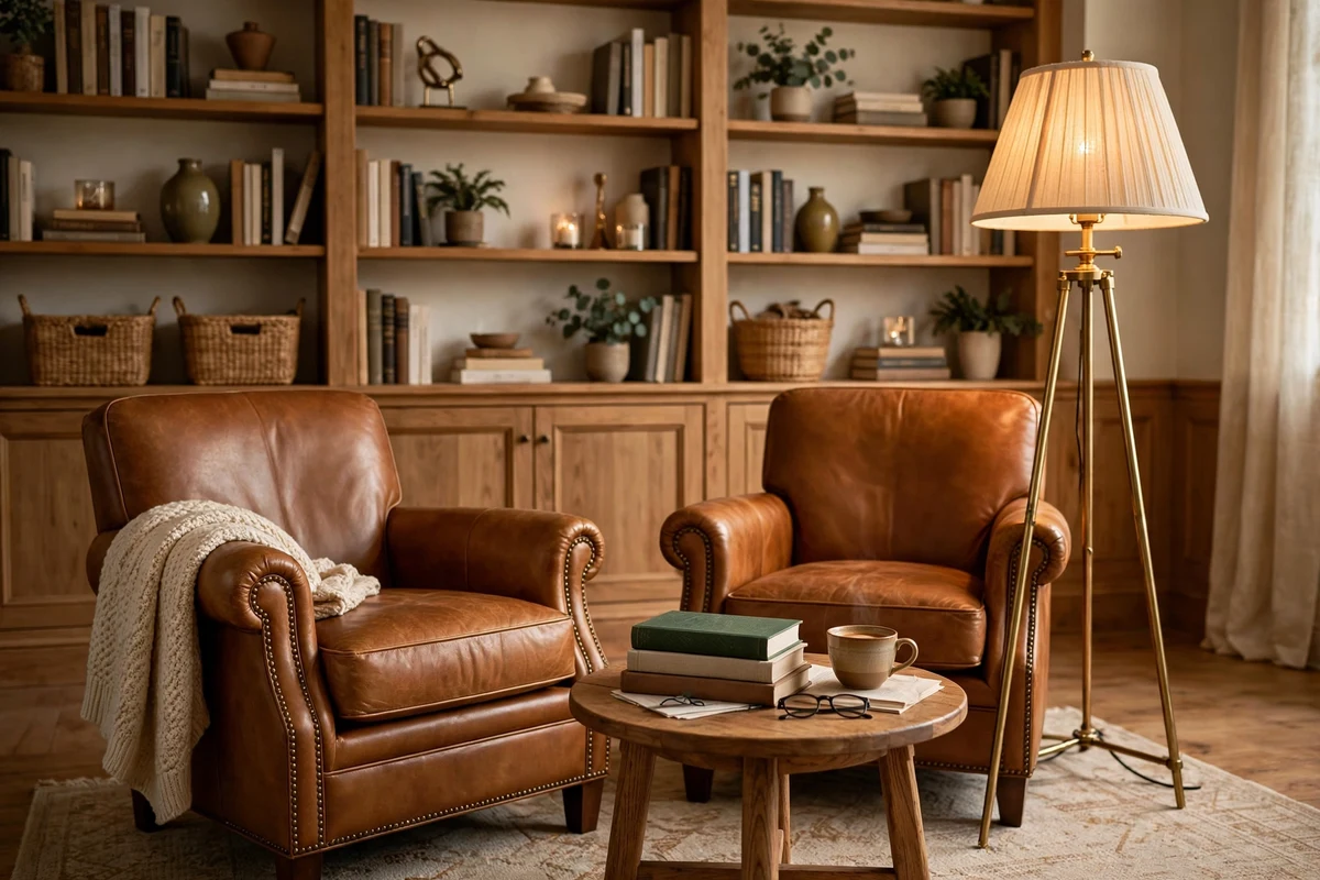 Caramel leather decor ideas: reading nook with two caramel leather club chairs and a brass floor lamp