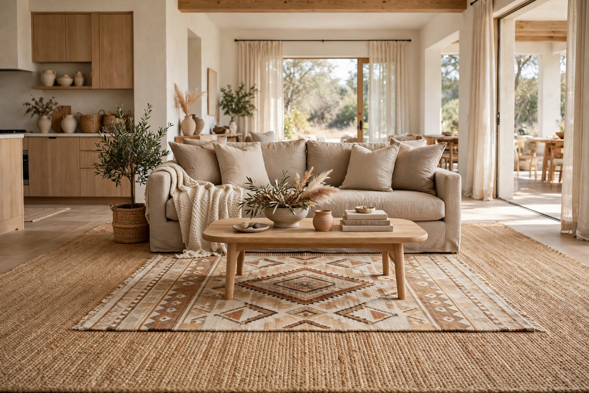 Area rug open floor plan ideas: patterned wool rug layered over a large jute base rug in an open-plan living area