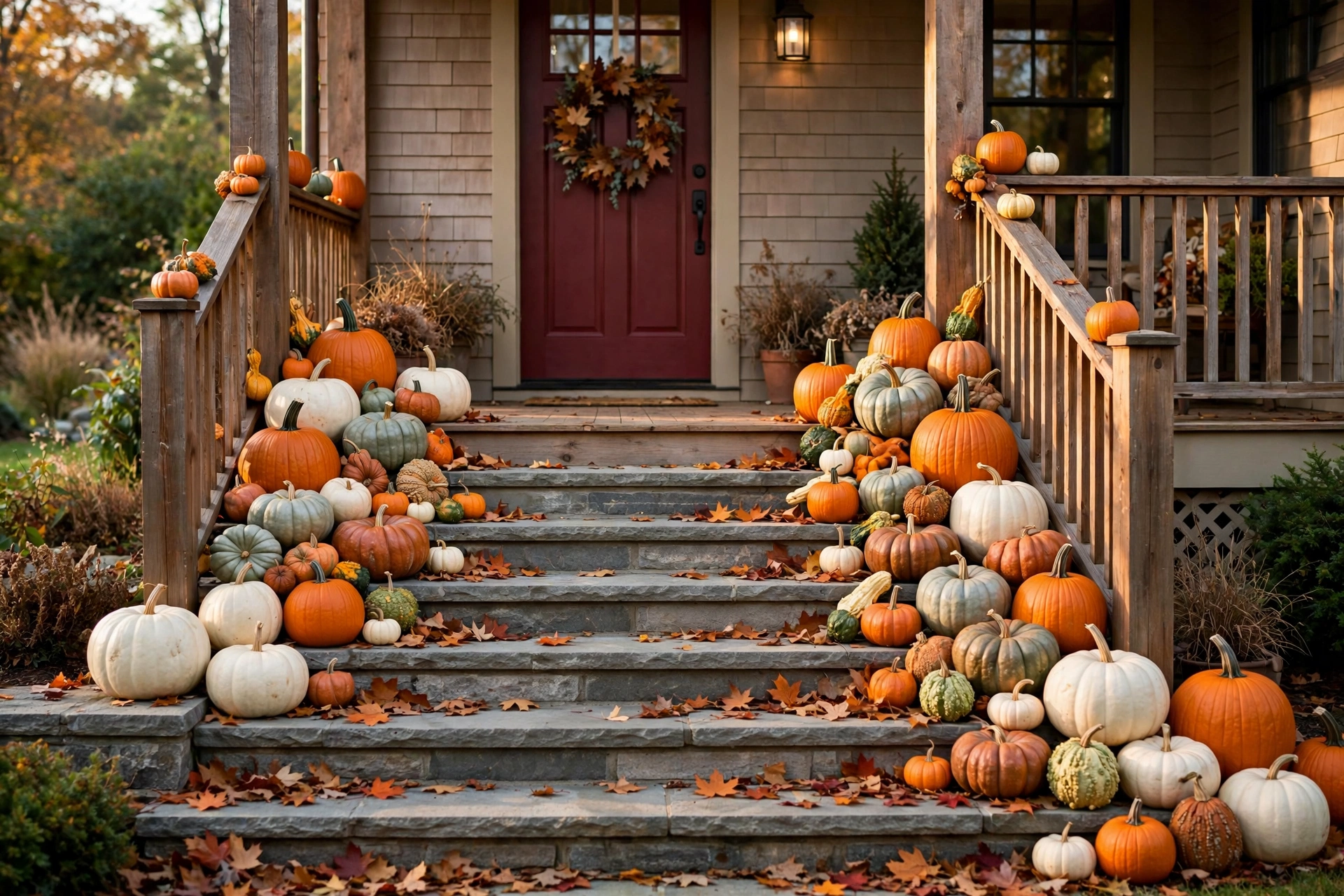 Fall front door decor ideas with a cascade of pumpkins and gourds in orange, white and green down porch steps
