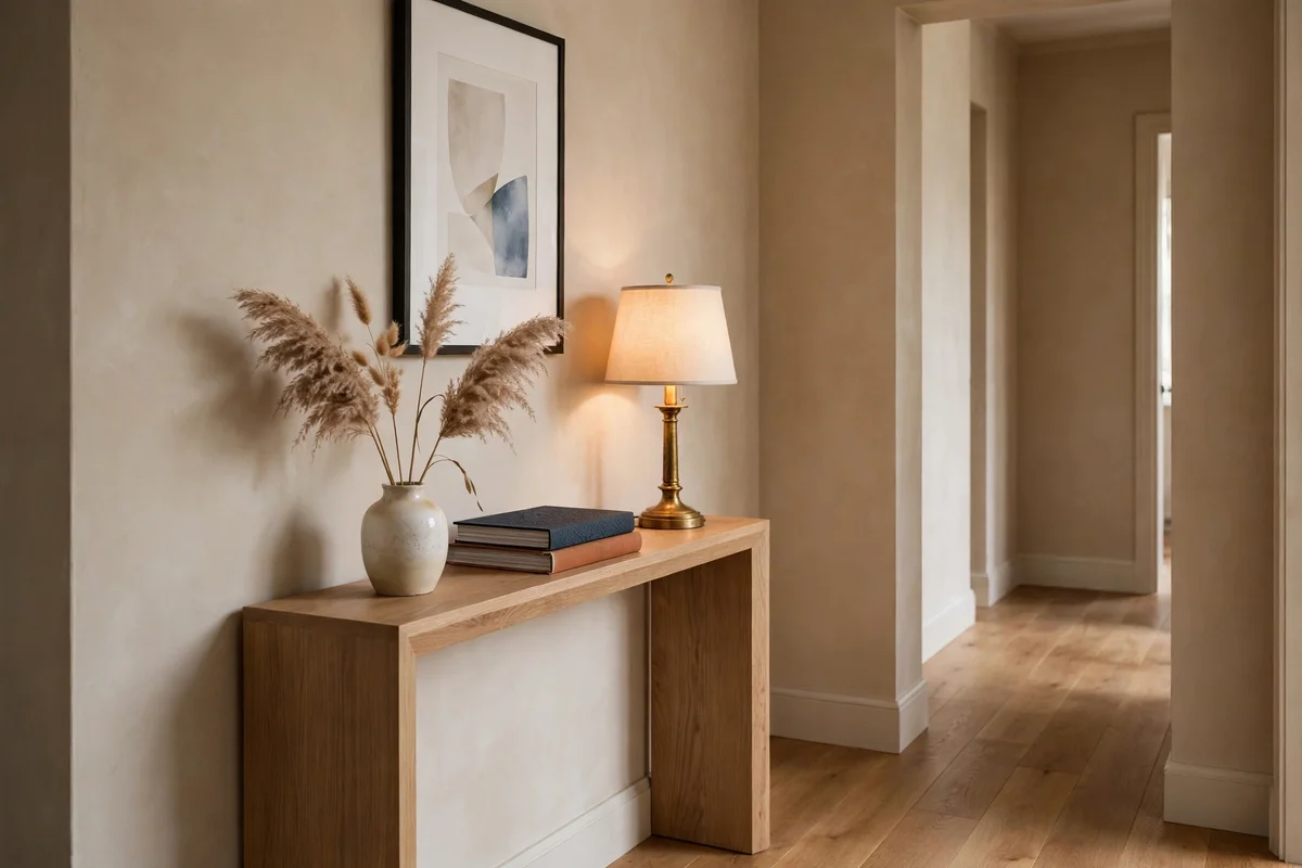Narrow hallway decorating ideas: long striped runner elongating a narrow hallway with wood floors