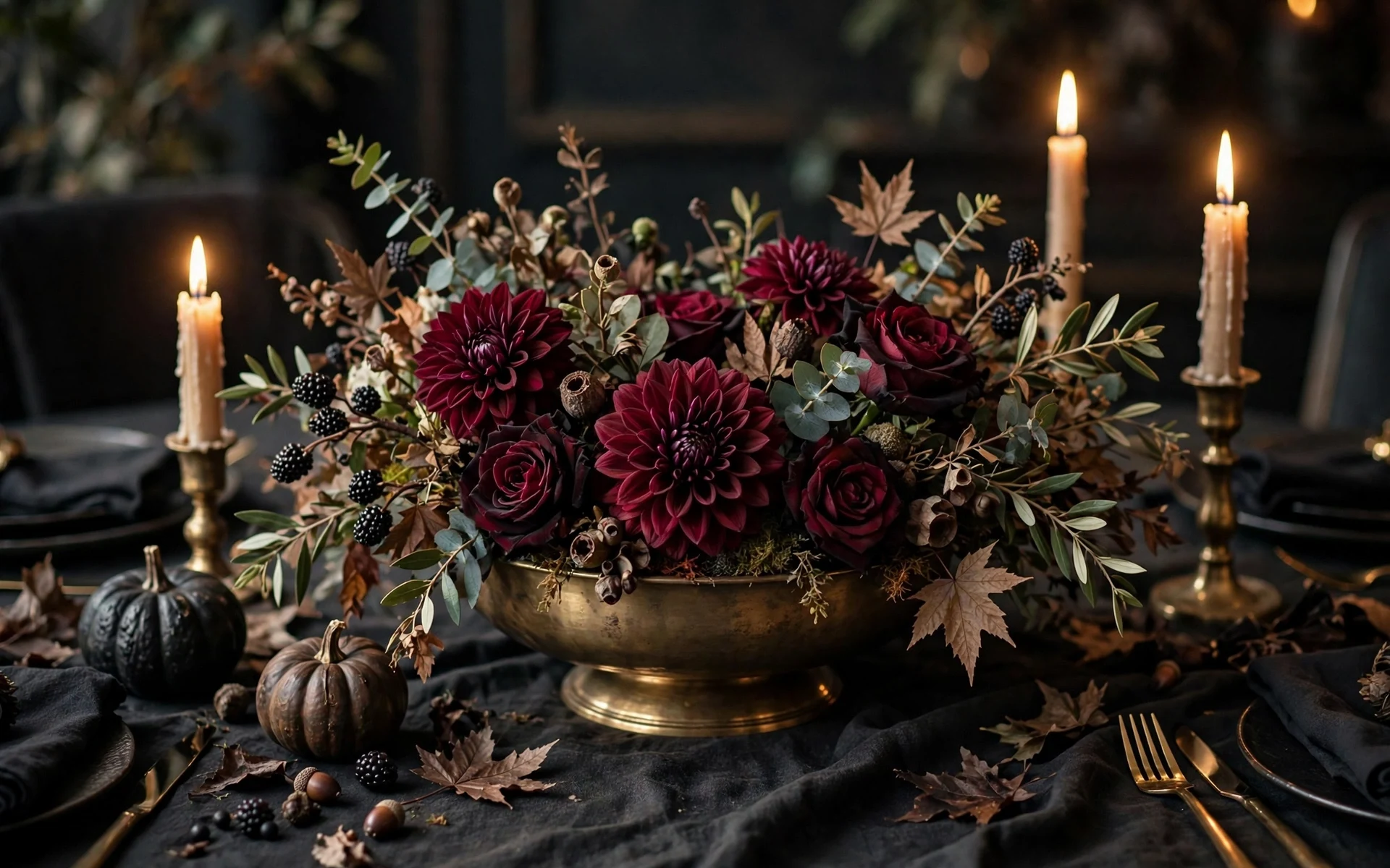 Low burgundy floral centerpiece halloween table setting ideas in a brass bowl