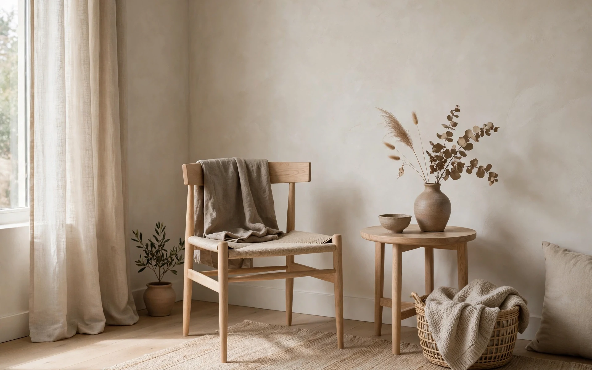 Warm white and beige walls in japandi living room ideas with light wood chair and muted earth tones