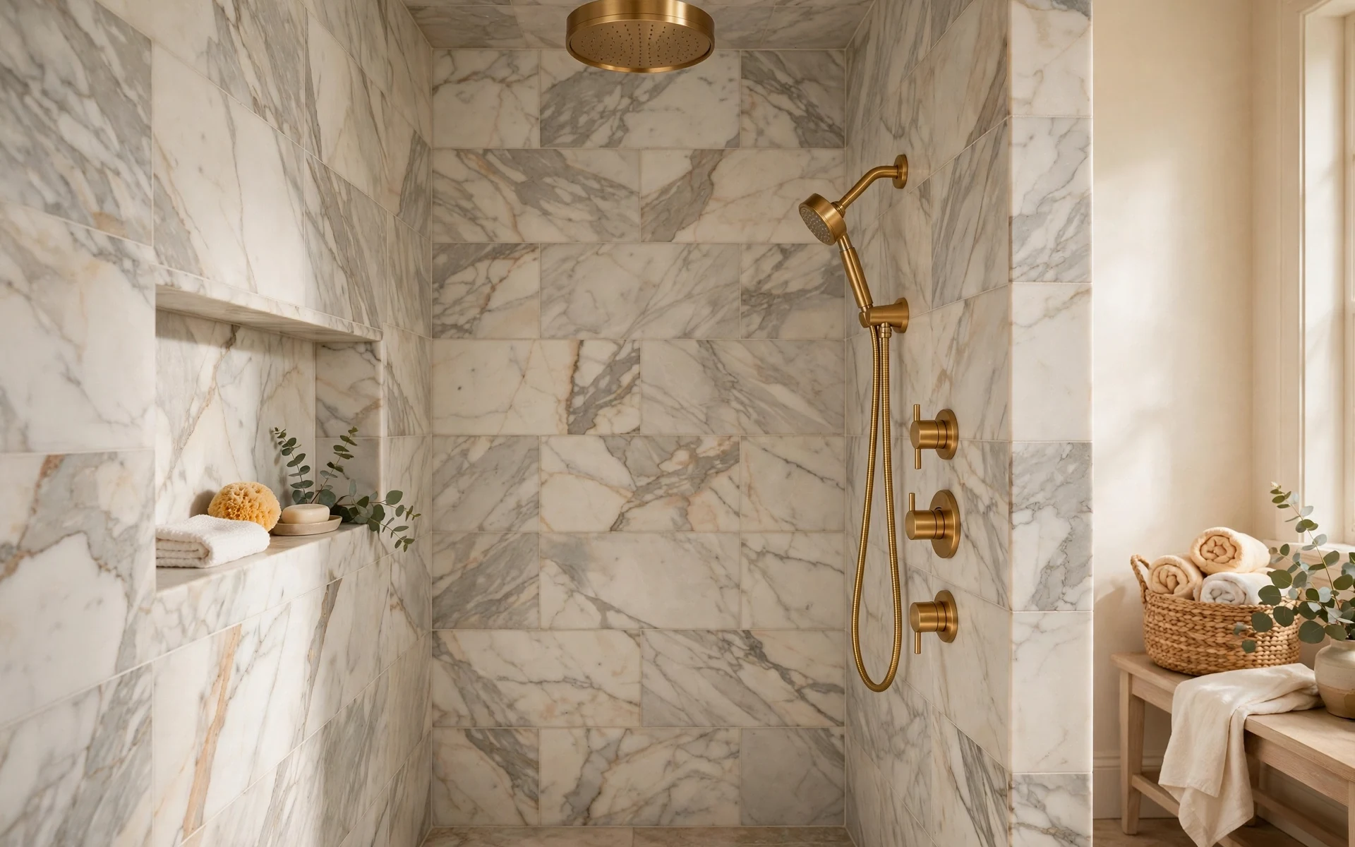 Gold bathroom fixtures ideas in a marble shower with a gold rain head and handheld wand