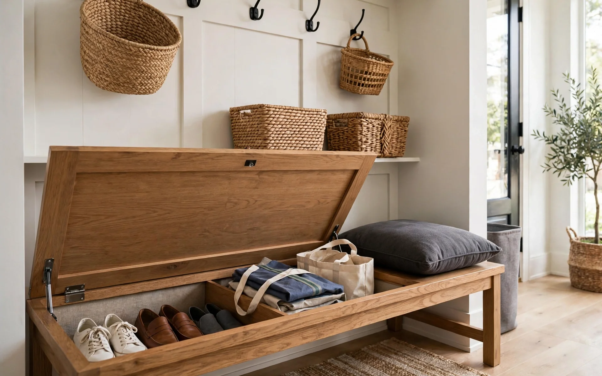 Storage bench with lift-up top hiding shoes and bags in a tidy mudroom, one of the easiest mudroom ideas